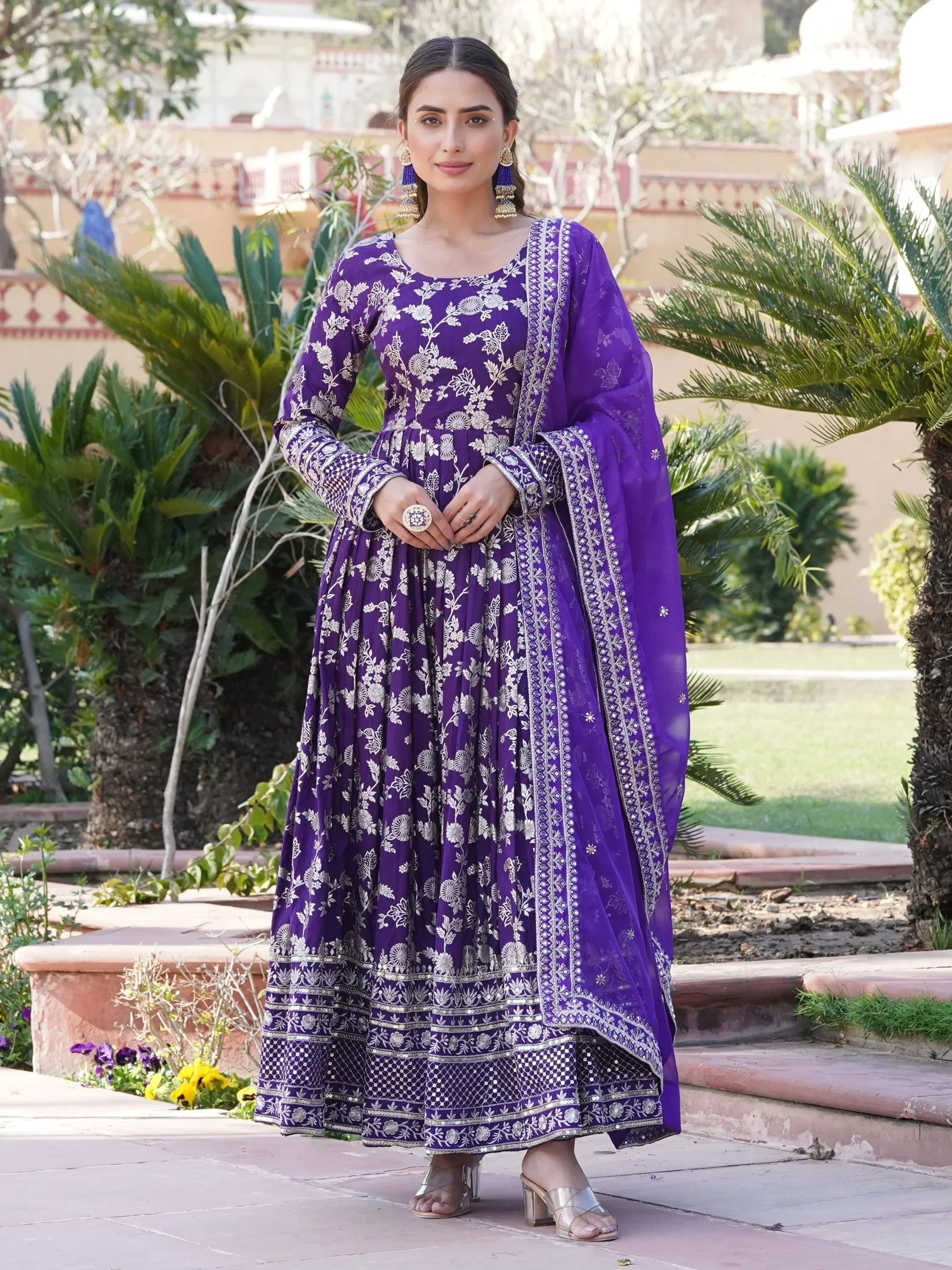 Purple Magnetic Embroidered Jacquard Function Wear Gown With Dupatta