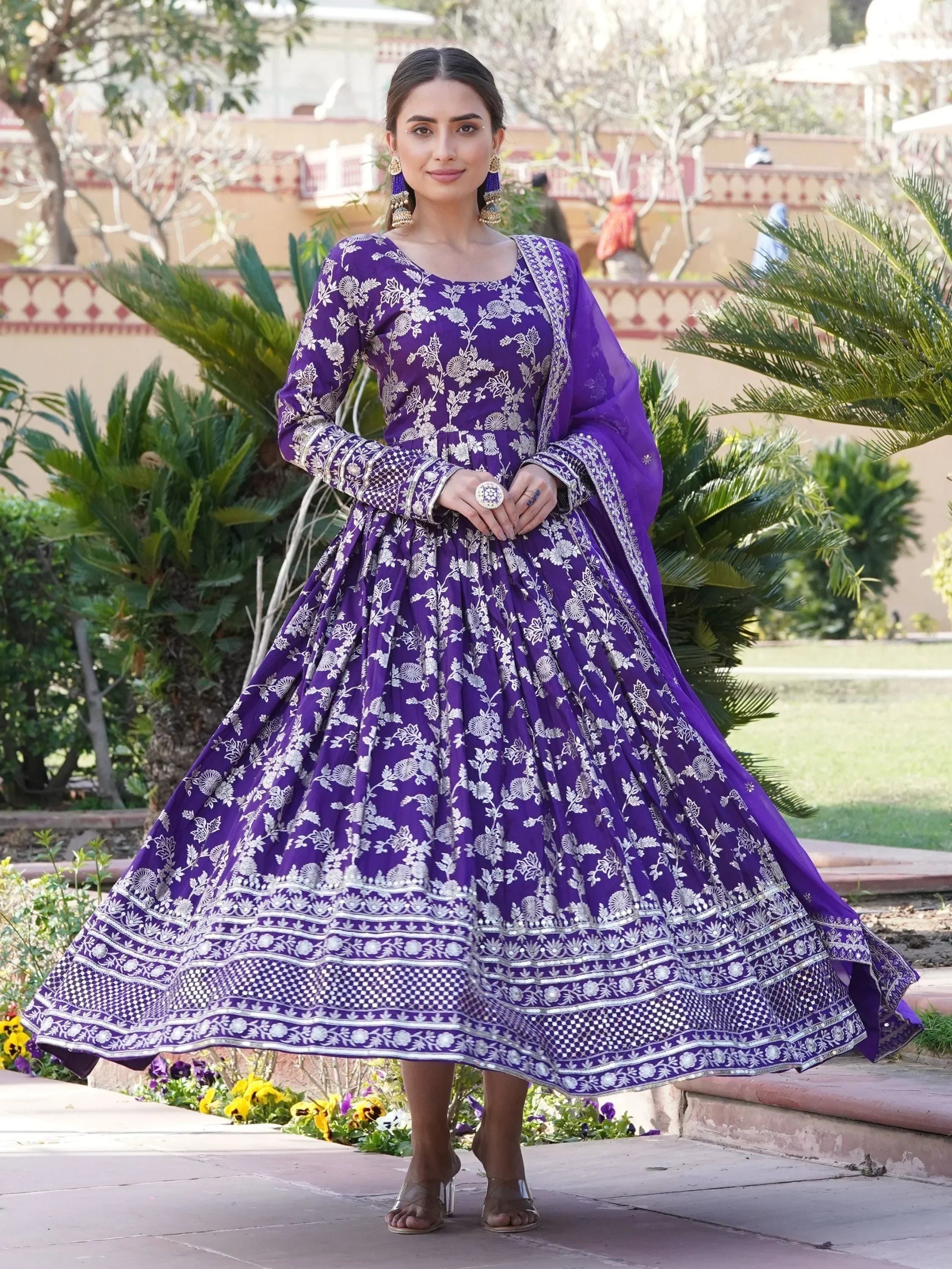 Purple Magnetic Embroidered Jacquard Function Wear Gown With Dupatta