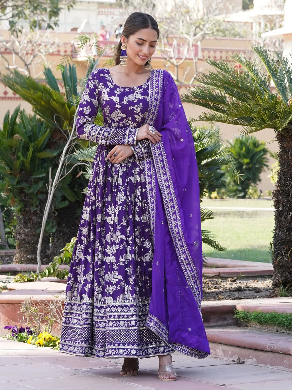 Purple Magnetic Embroidered Jacquard Function Wear Gown With Dupatta