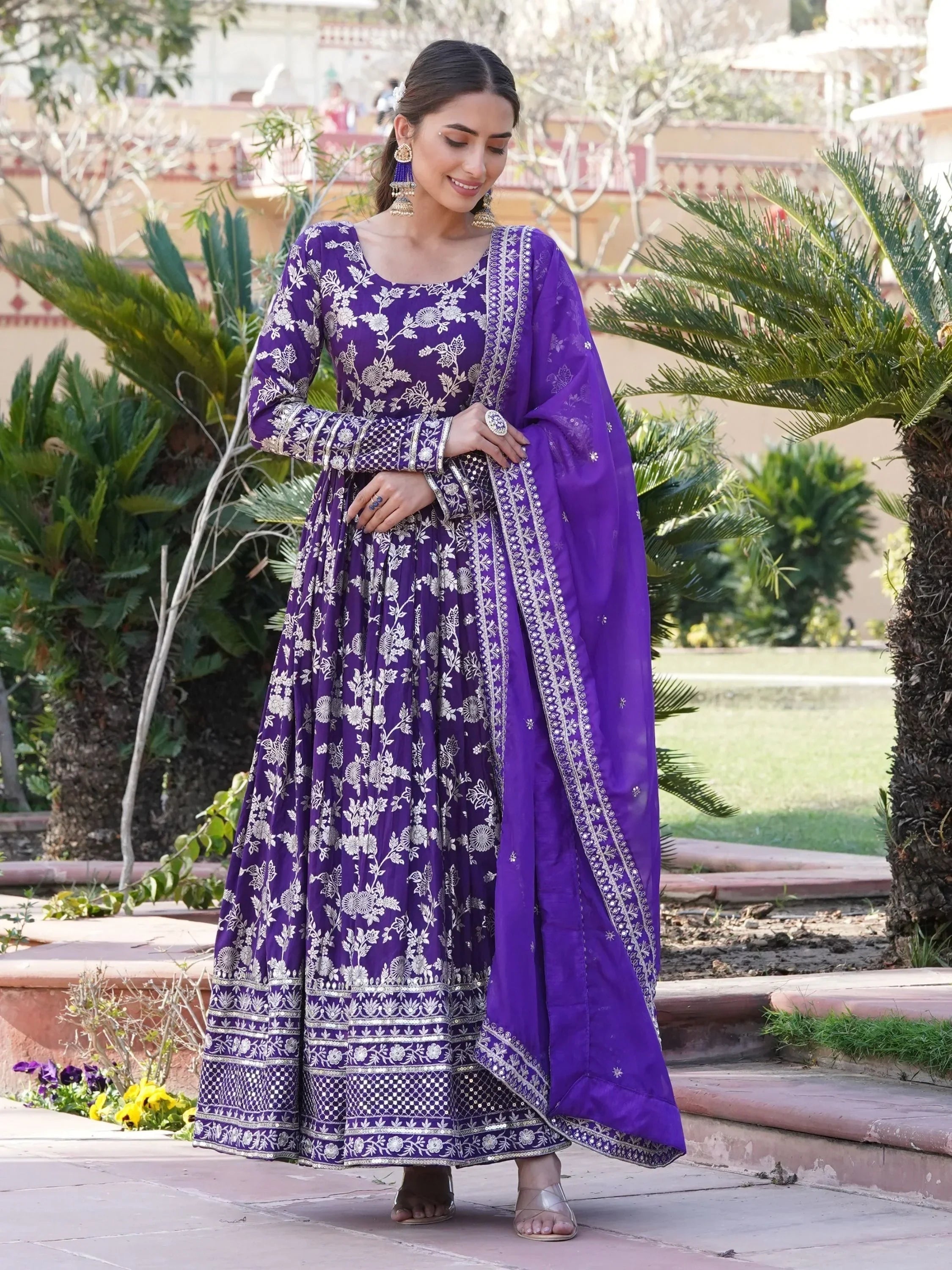 Purple Magnetic Embroidered Jacquard Function Wear Gown With Dupatta