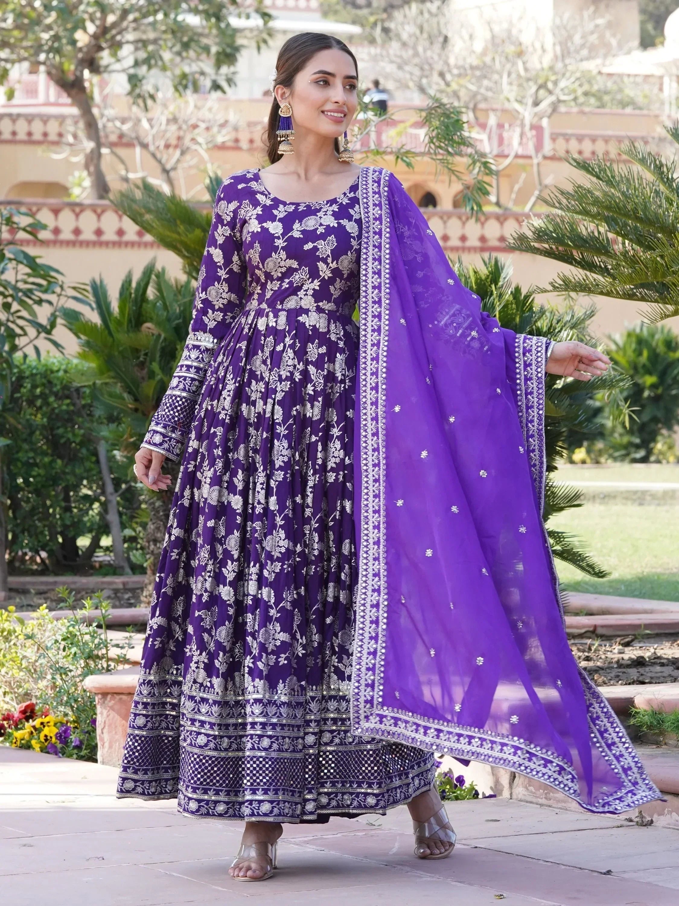 Purple Magnetic Embroidered Jacquard Function Wear Gown With Dupatta