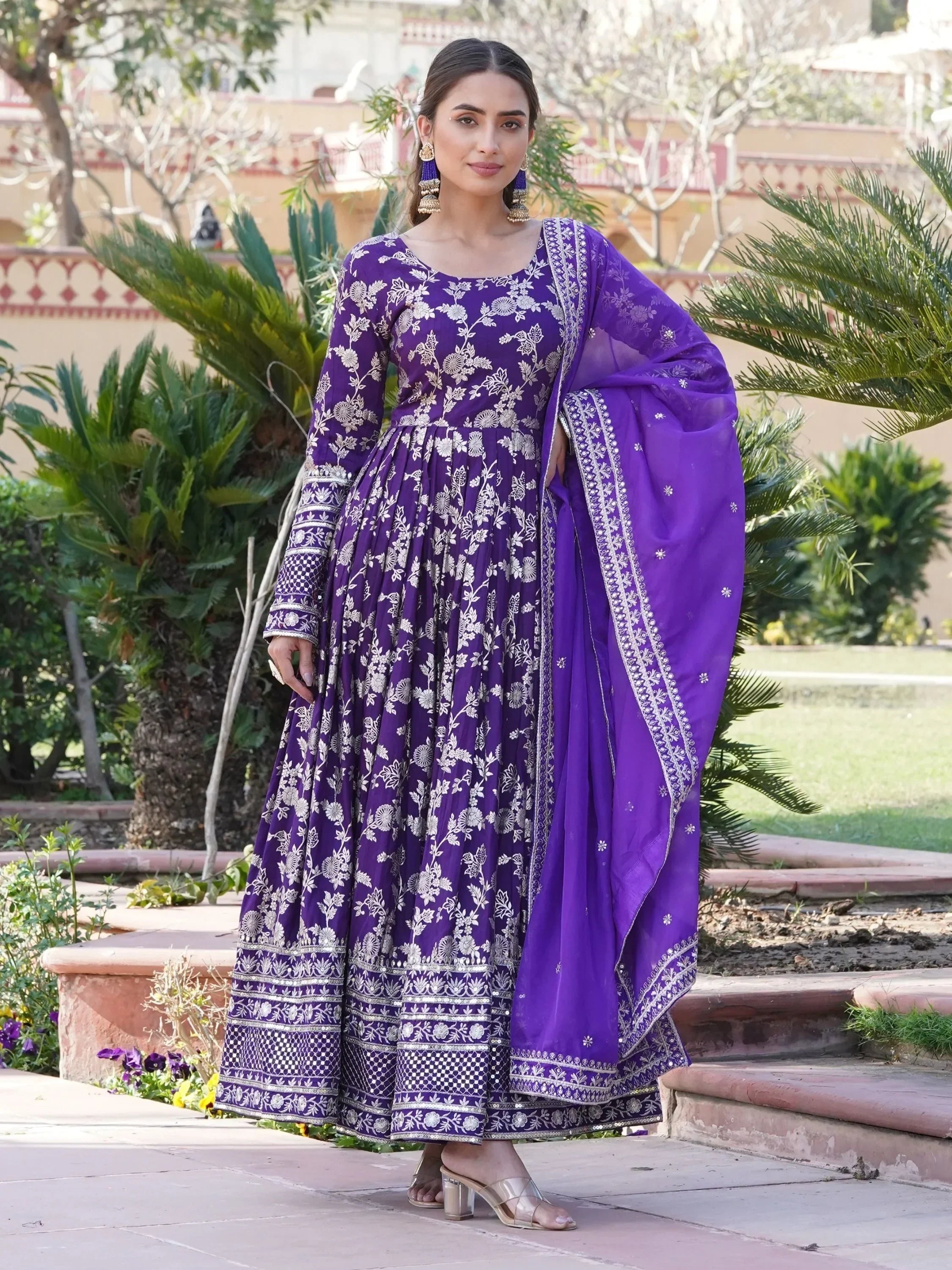 Purple Magnetic Embroidered Jacquard Function Wear Gown With Dupatta
