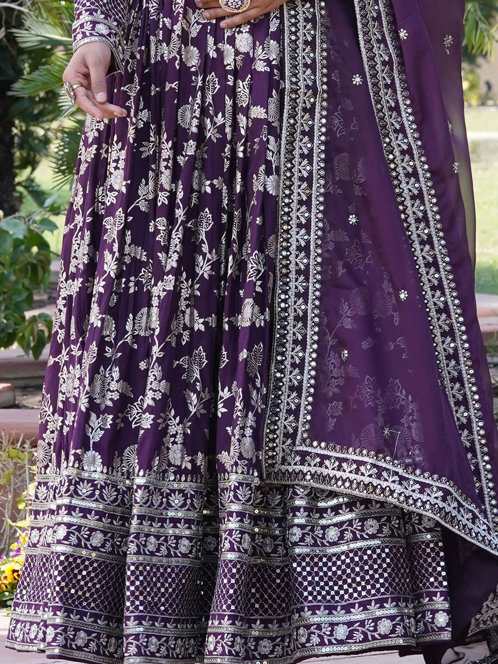 Wine Magnetic Embroidered Jacquard Function Wear Gown With Dupatta