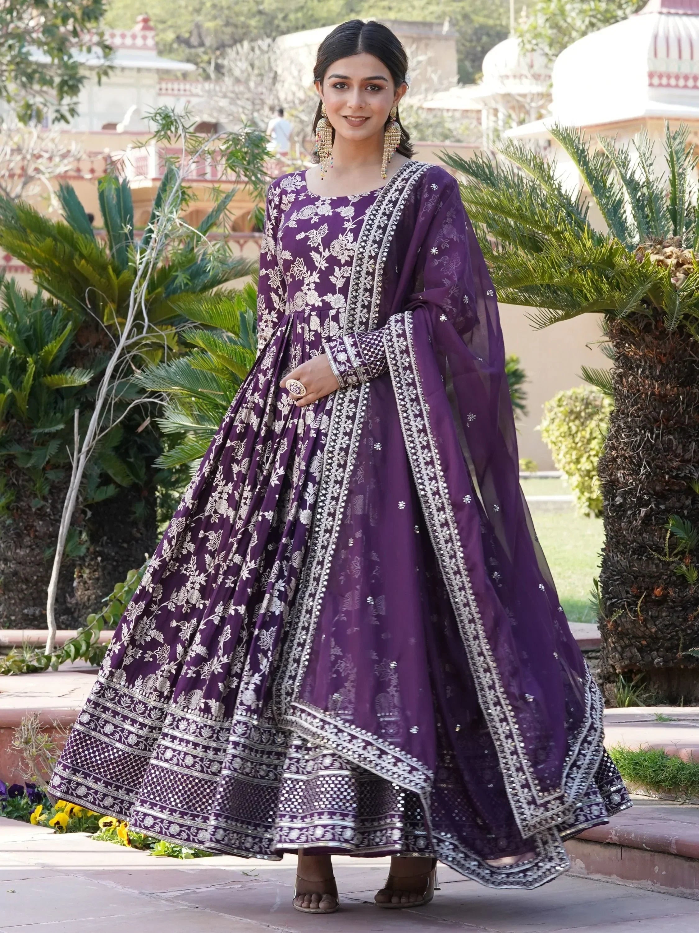 Wine Magnetic Embroidered Jacquard Function Wear Gown With Dupatta
