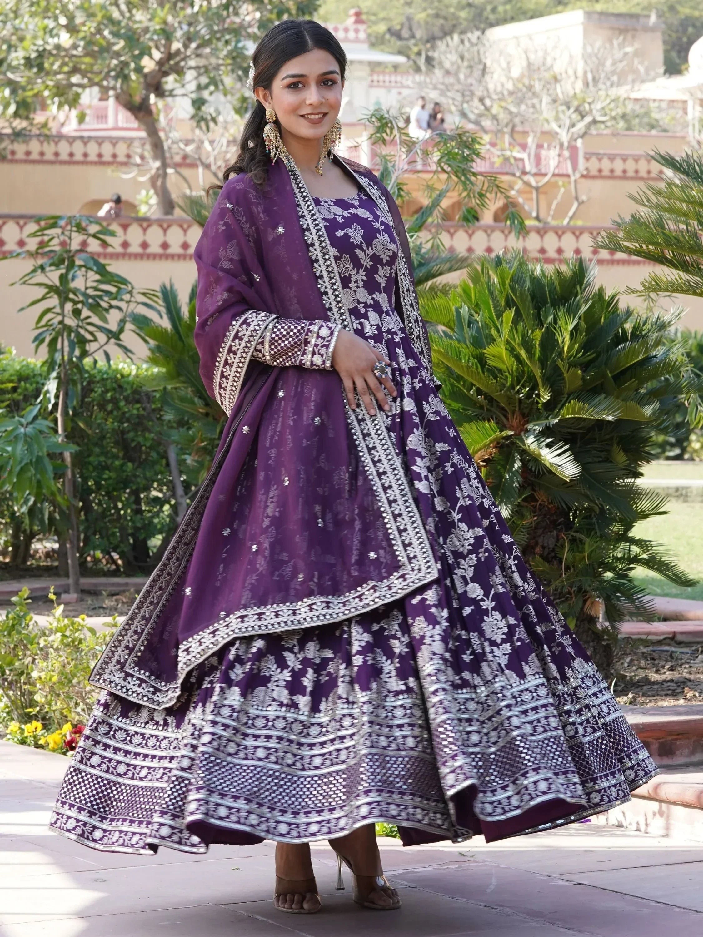 Wine Magnetic Embroidered Jacquard Function Wear Gown With Dupatta