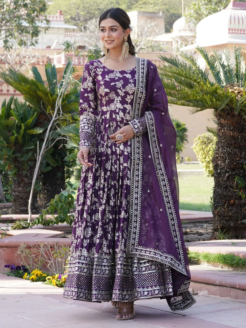 Wine Magnetic Embroidered Jacquard Function Wear Gown With Dupatta