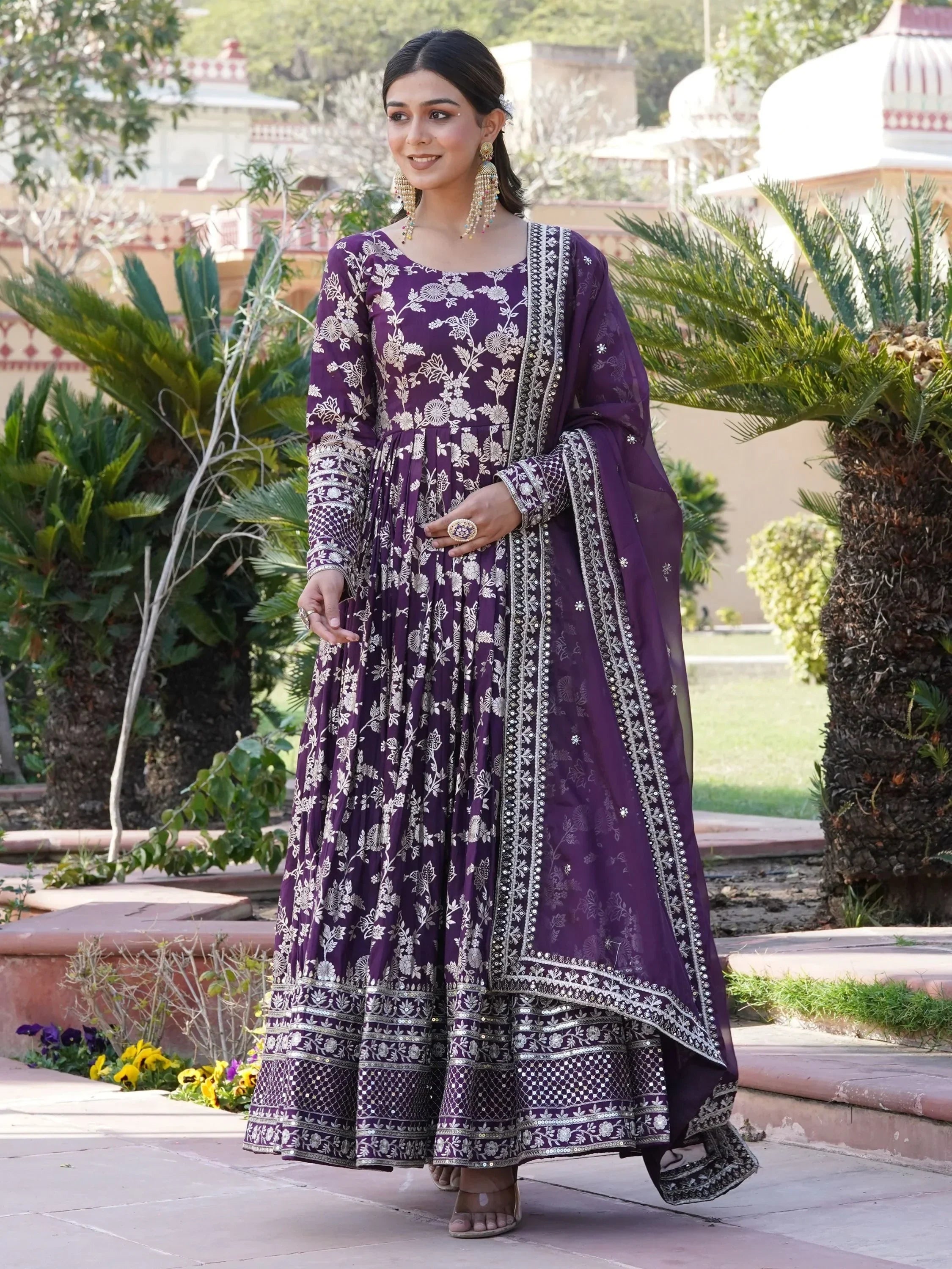 Wine Magnetic Embroidered Jacquard Function Wear Gown With Dupatta