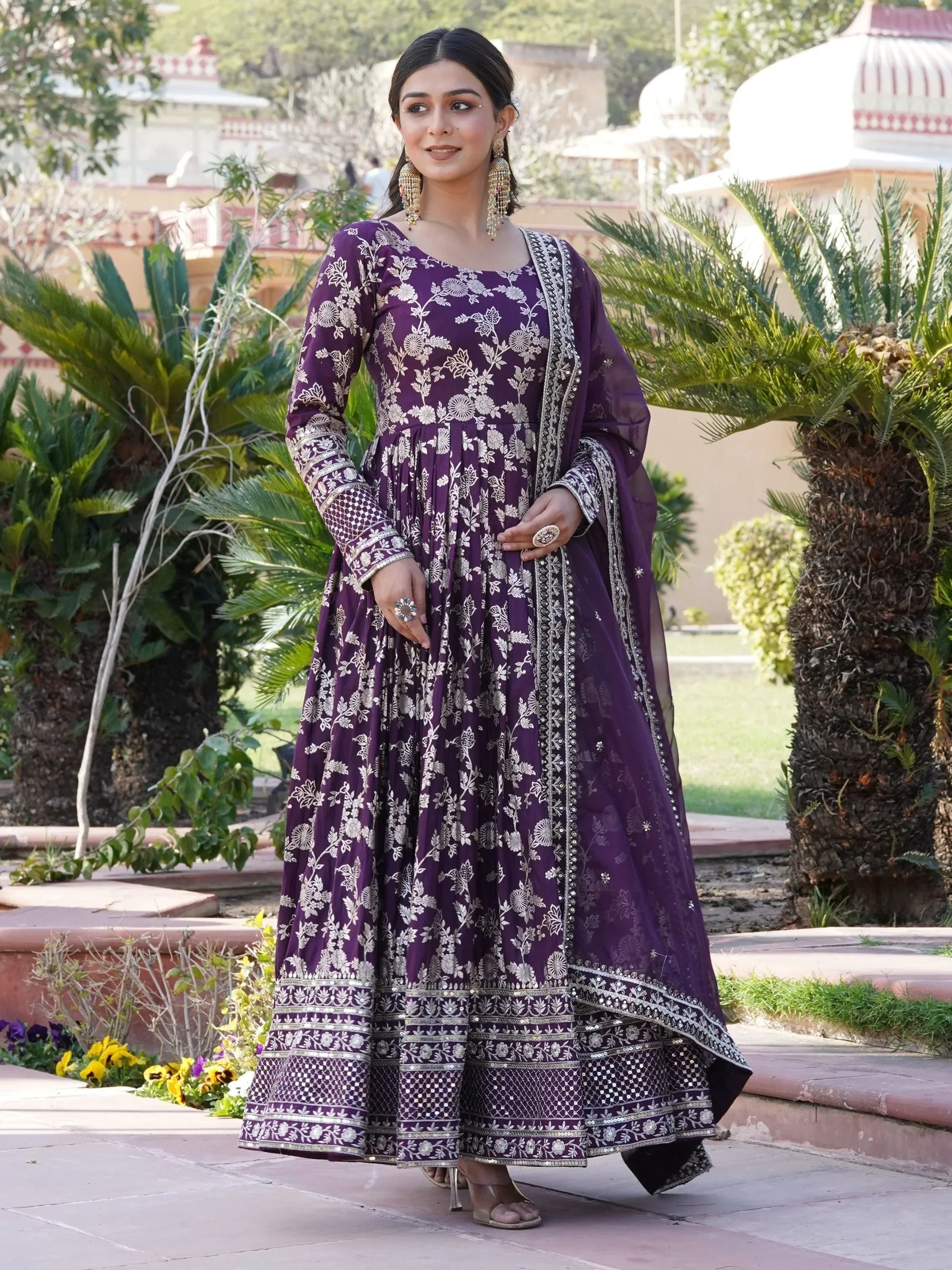 Wine Magnetic Embroidered Jacquard Function Wear Gown With Dupatta