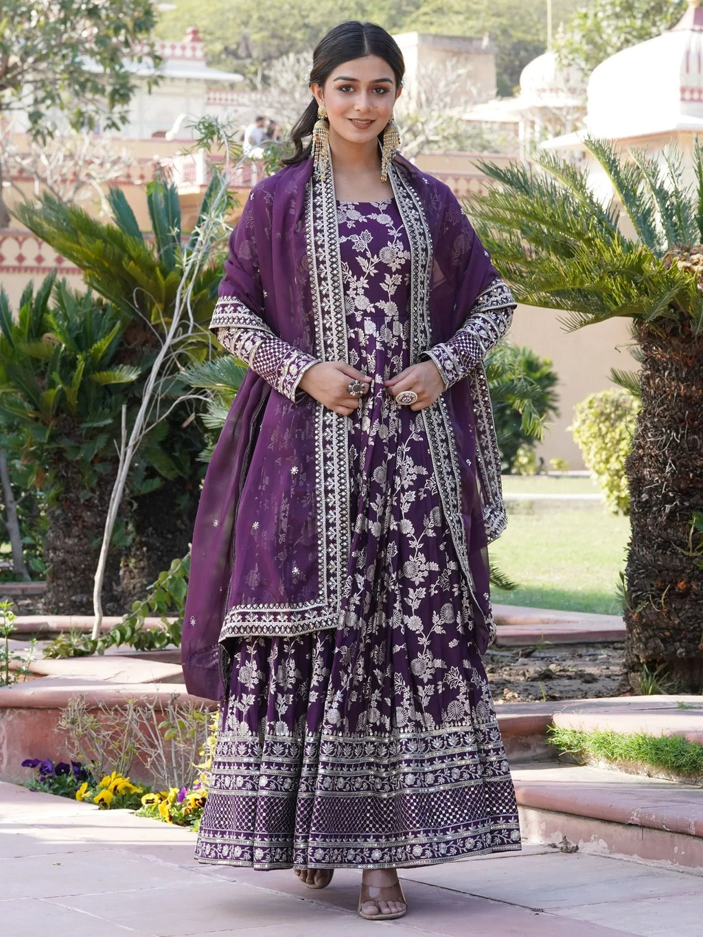 Wine Magnetic Embroidered Jacquard Function Wear Gown With Dupatta