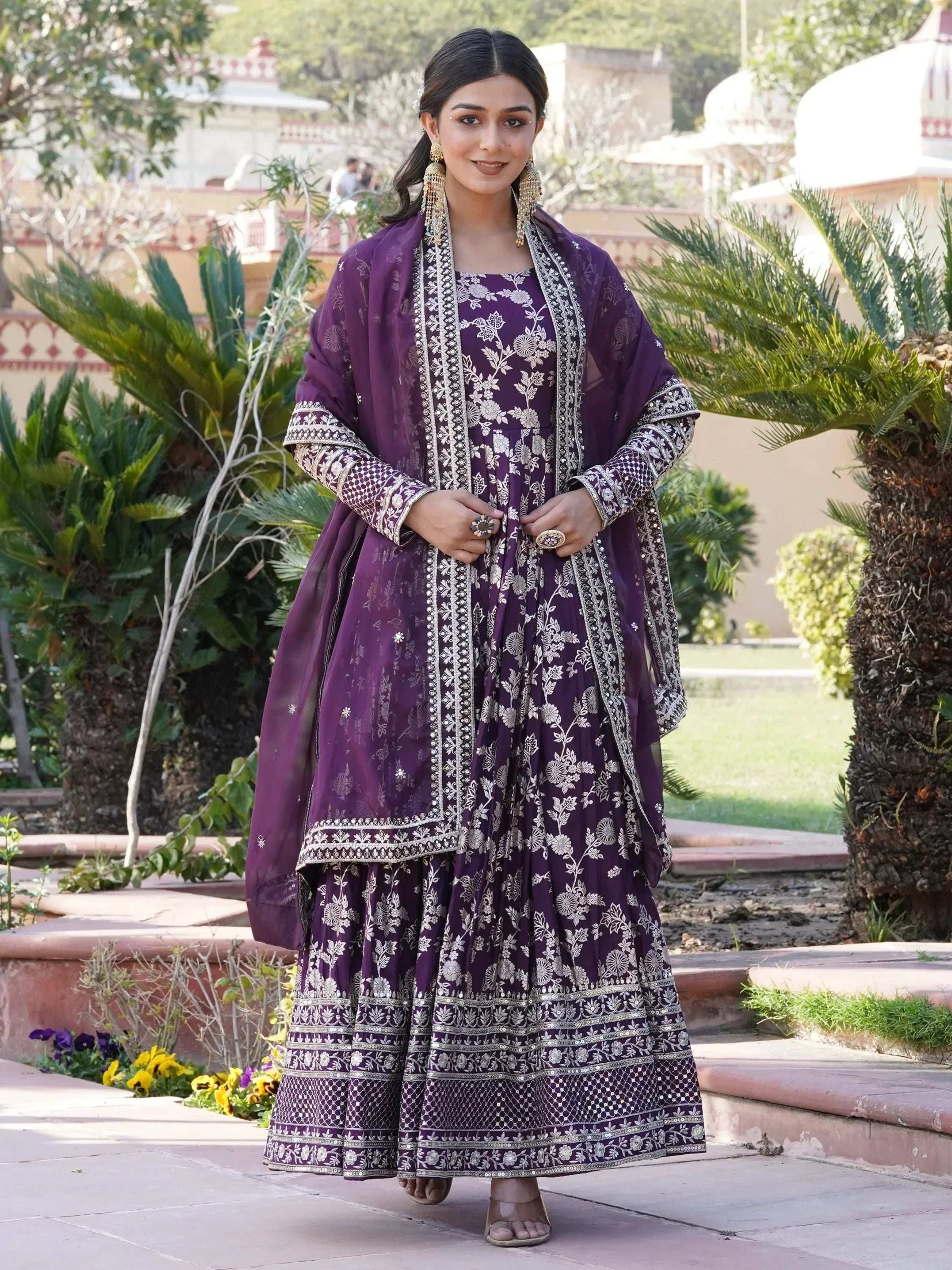 Wine Magnetic Embroidered Jacquard Function Wear Gown With Dupatta