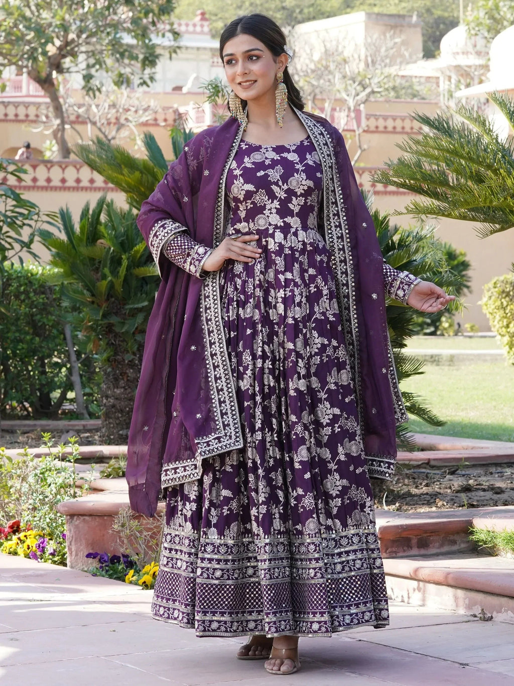 Wine Magnetic Embroidered Jacquard Function Wear Gown With Dupatta