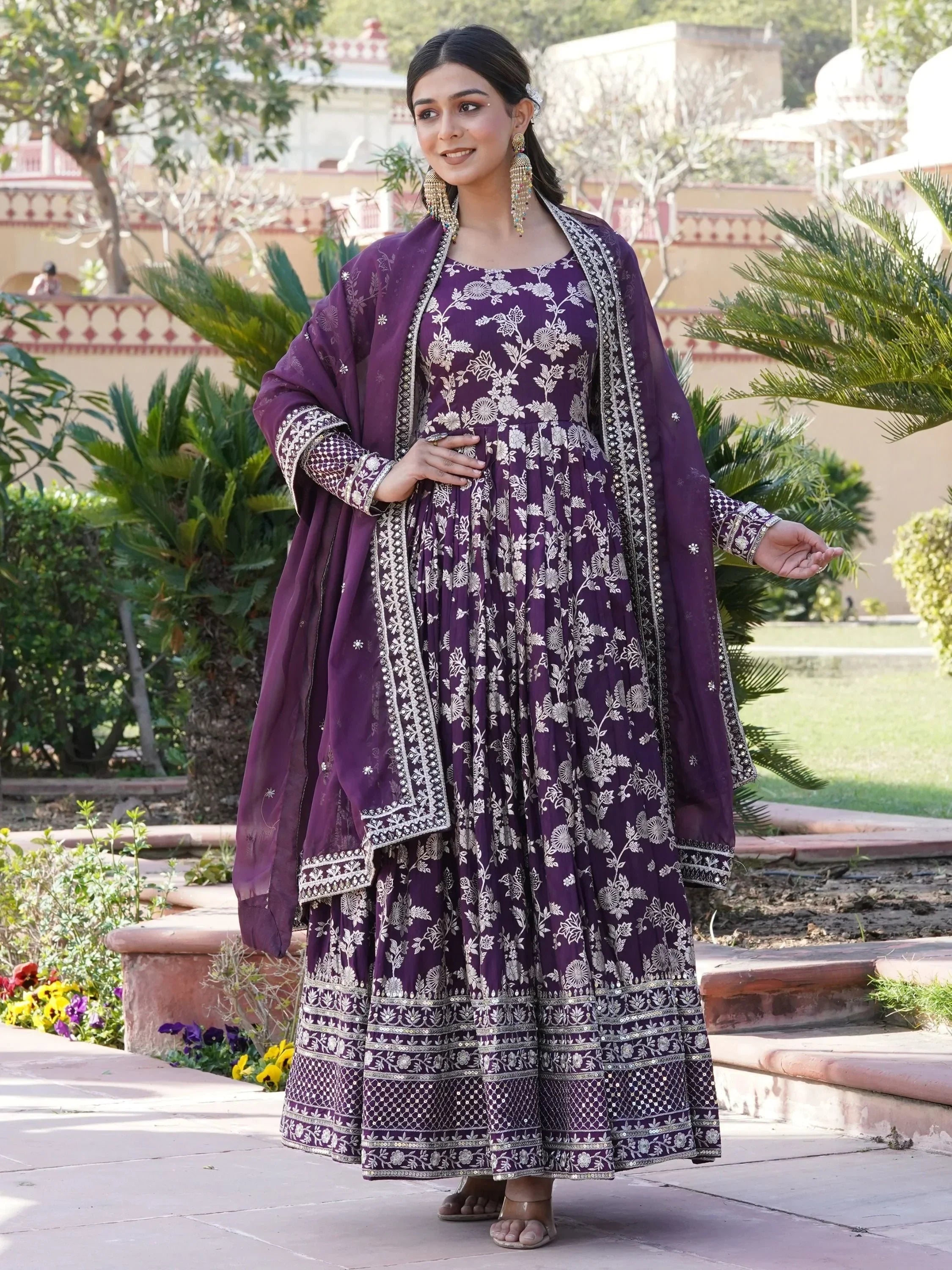 Wine Magnetic Embroidered Jacquard Function Wear Gown With Dupatta