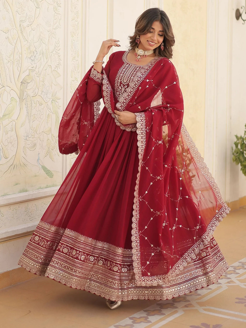 Maroon Glamorous Sequins Georgette Wedding Wear Gown With Dupatta