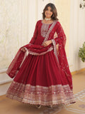 Maroon Glamorous Sequins Georgette Wedding Wear Gown With Dupatta