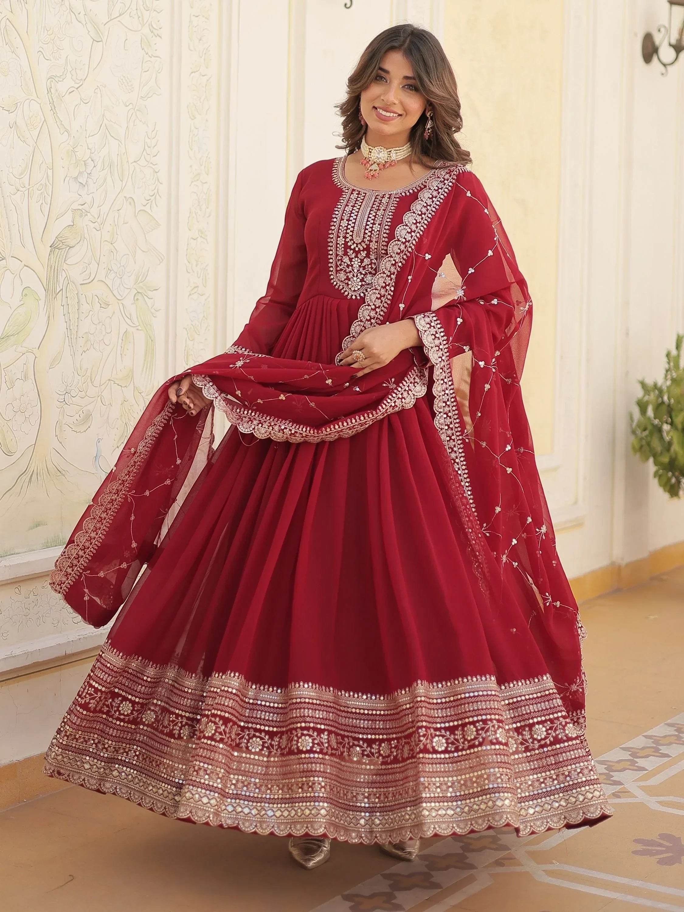 Maroon Glamorous Sequins Georgette Wedding Wear Gown With Dupatta