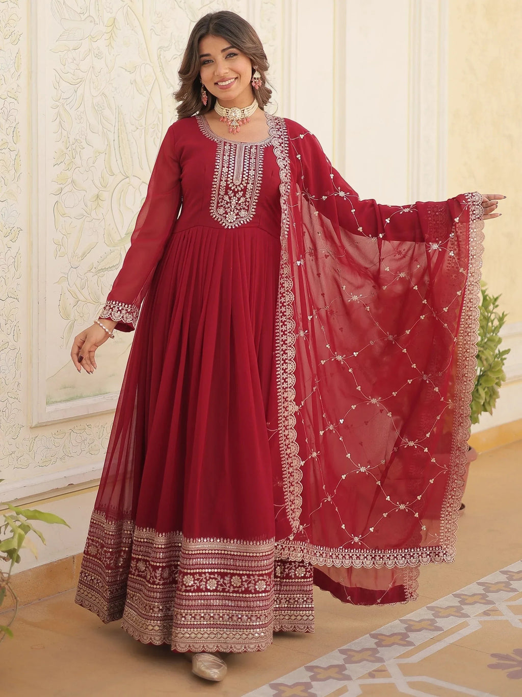 Maroon Glamorous Sequins Georgette Wedding Wear Gown With Dupatta