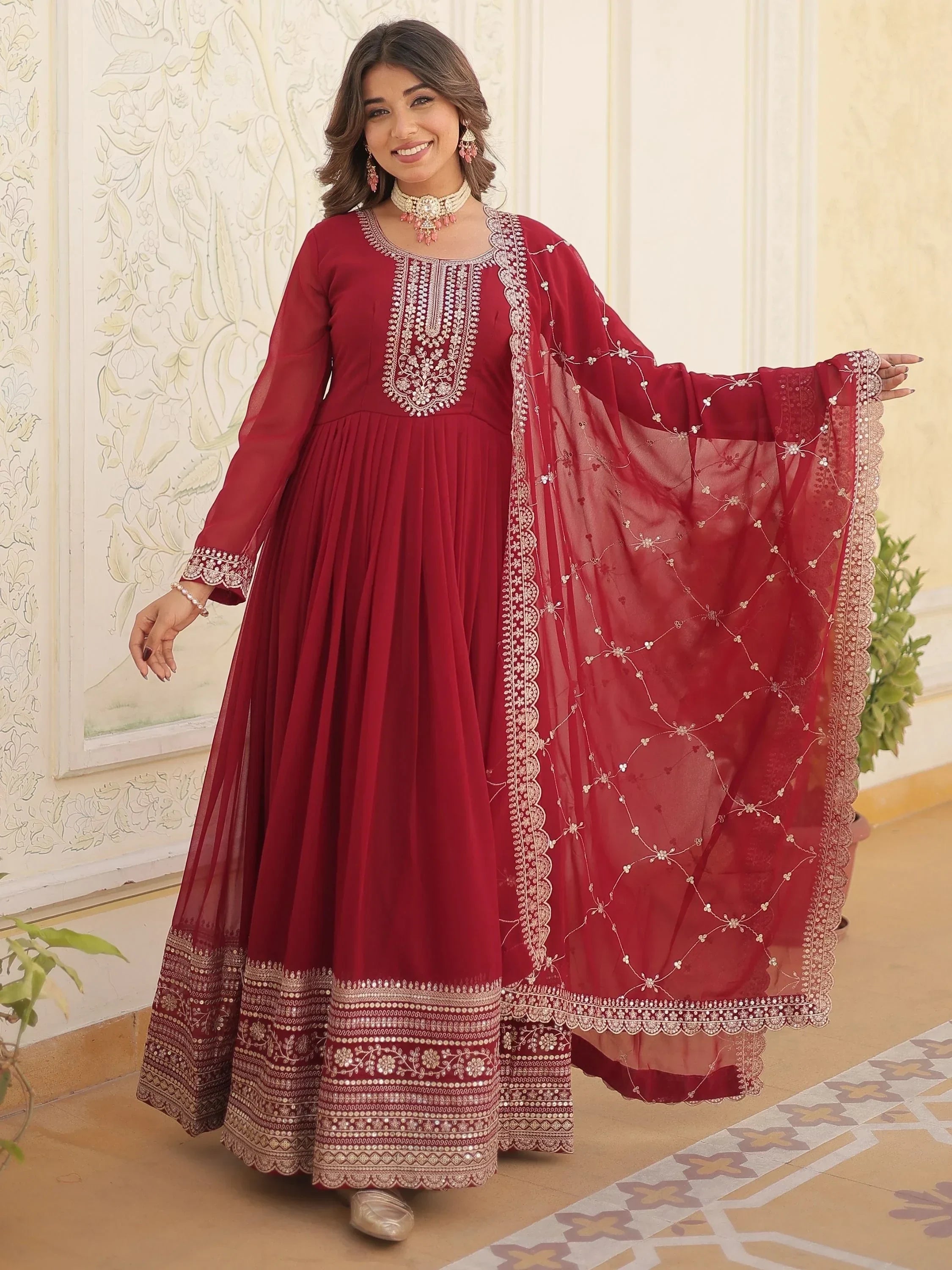 Maroon Glamorous Sequins Georgette Wedding Wear Gown With Dupatta