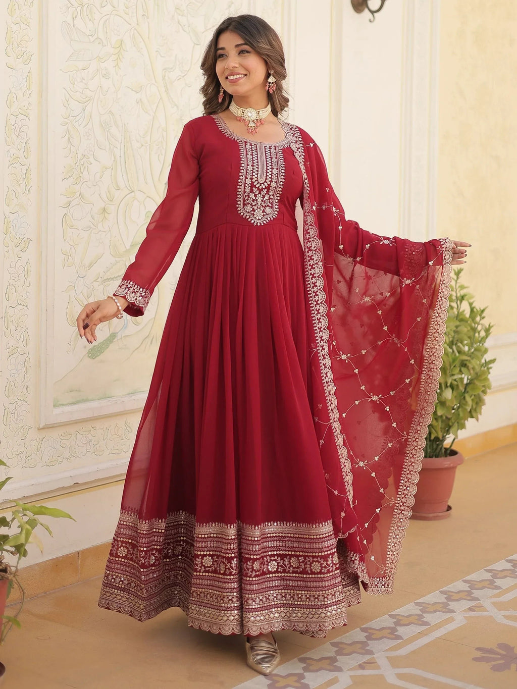 Maroon Glamorous Sequins Georgette Wedding Wear Gown With Dupatta