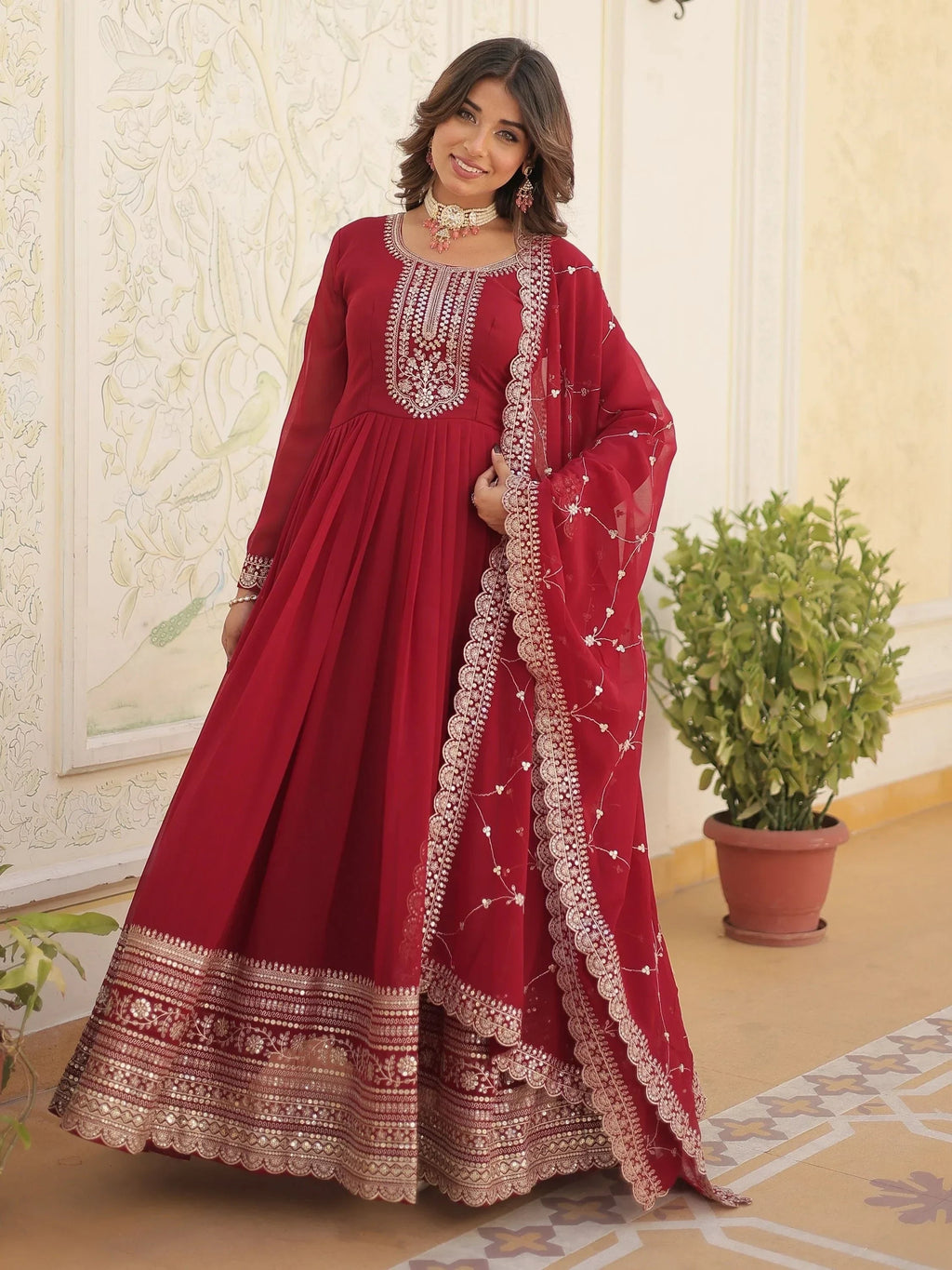 Maroon Glamorous Sequins Georgette Wedding Wear Gown With Dupatta