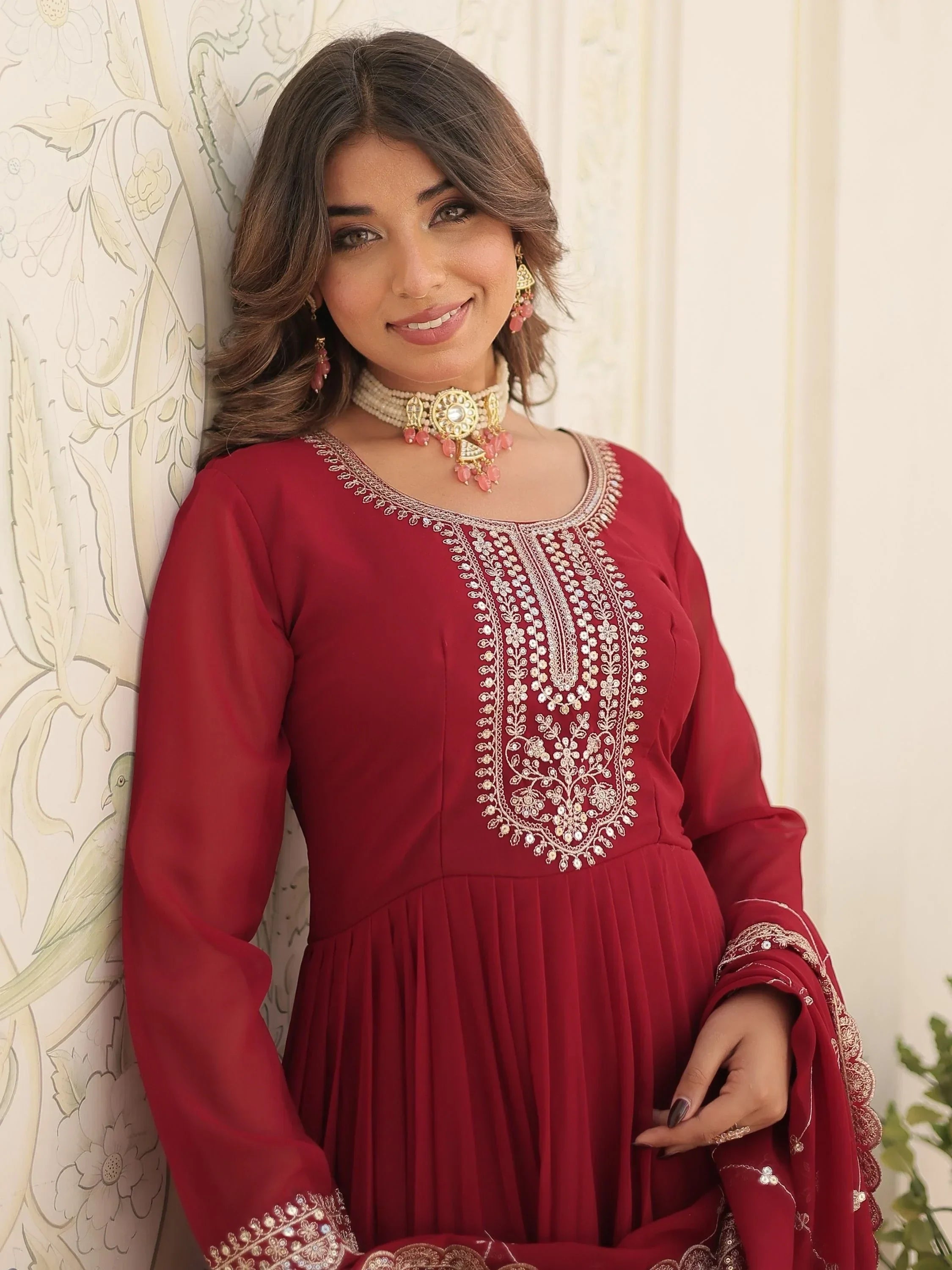 Maroon Glamorous Sequins Georgette Wedding Wear Gown With Dupatta