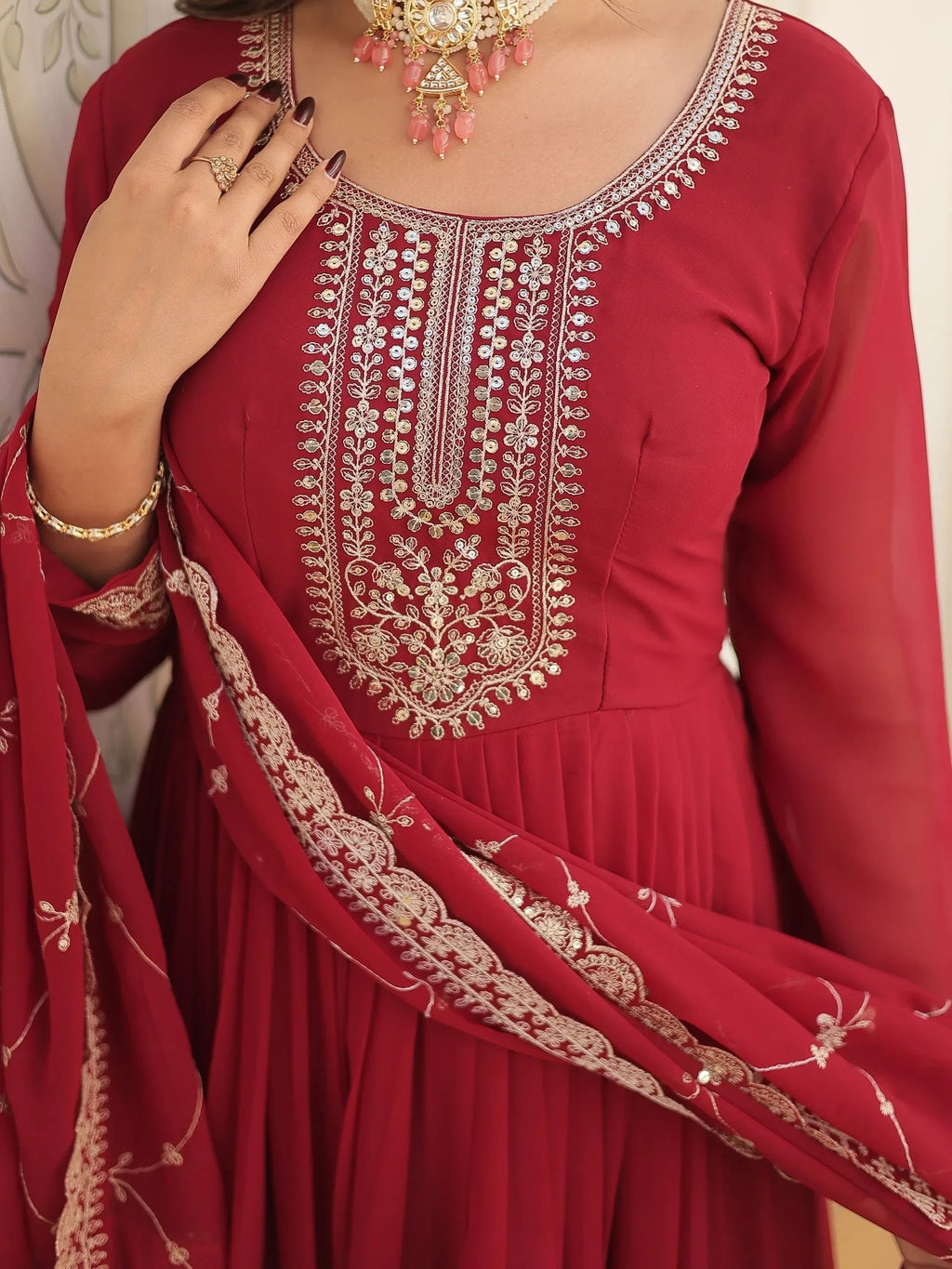 Maroon Glamorous Sequins Georgette Wedding Wear Gown With Dupatta