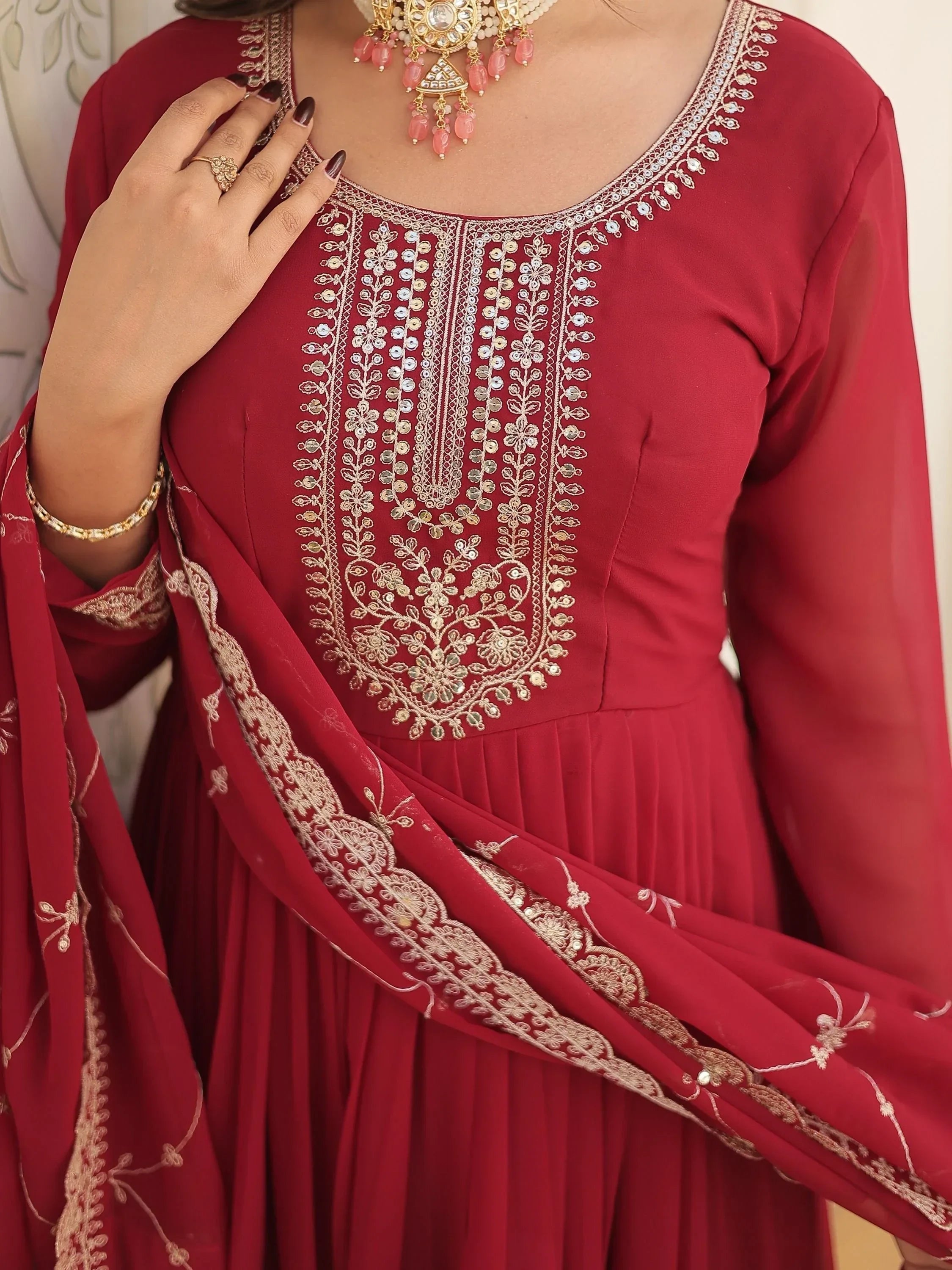 Maroon Glamorous Sequins Georgette Wedding Wear Gown With Dupatta