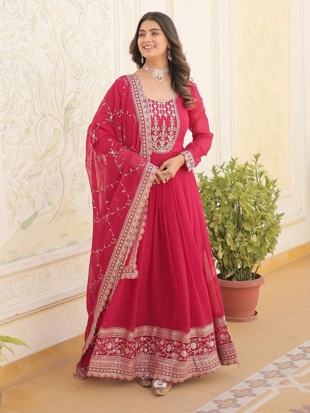 Pink Glamorous Sequins Georgette Wedding Wear Gown With Dupatta