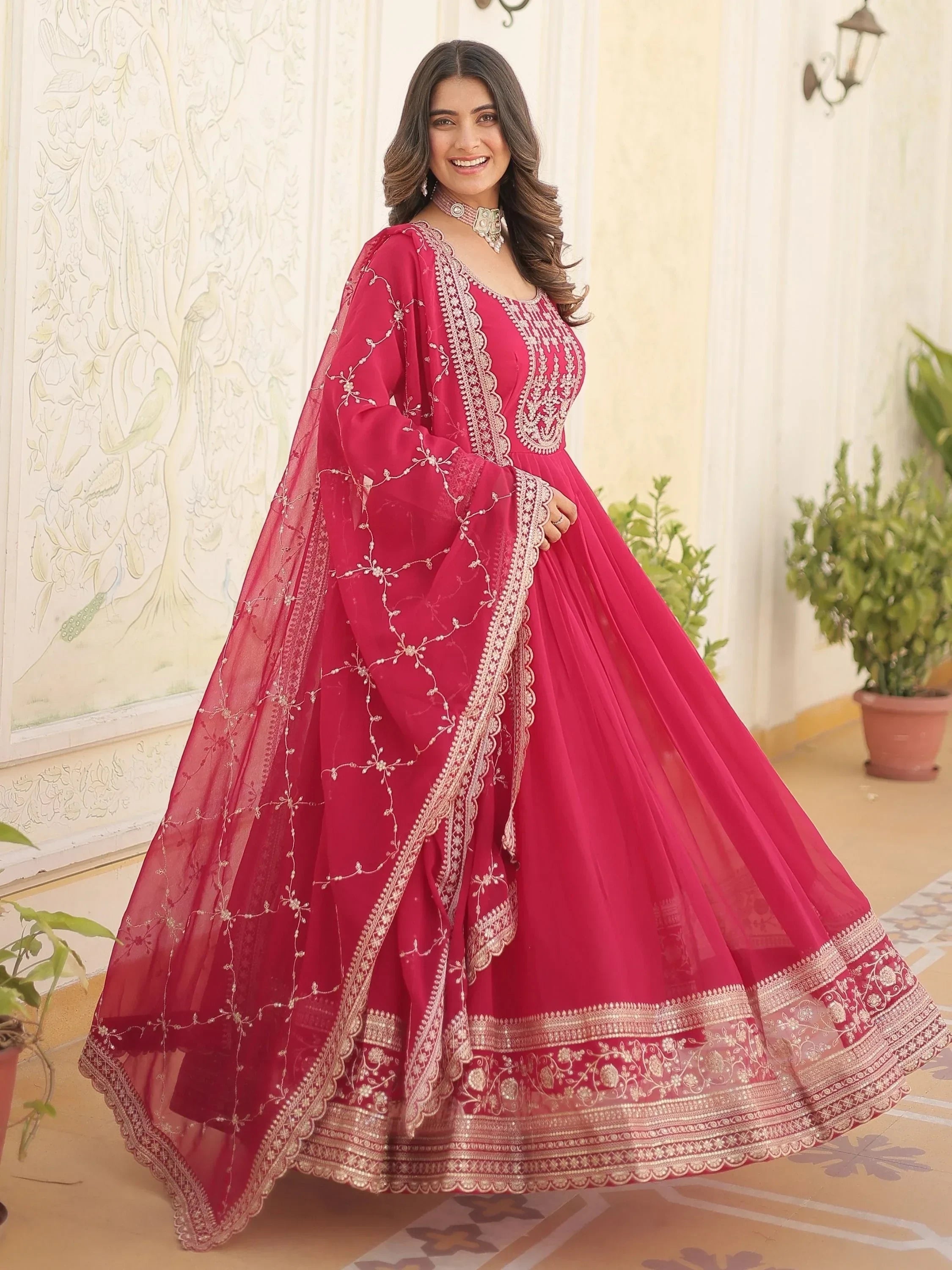 Pink Glamorous Sequins Georgette Wedding Wear Gown With Dupatta