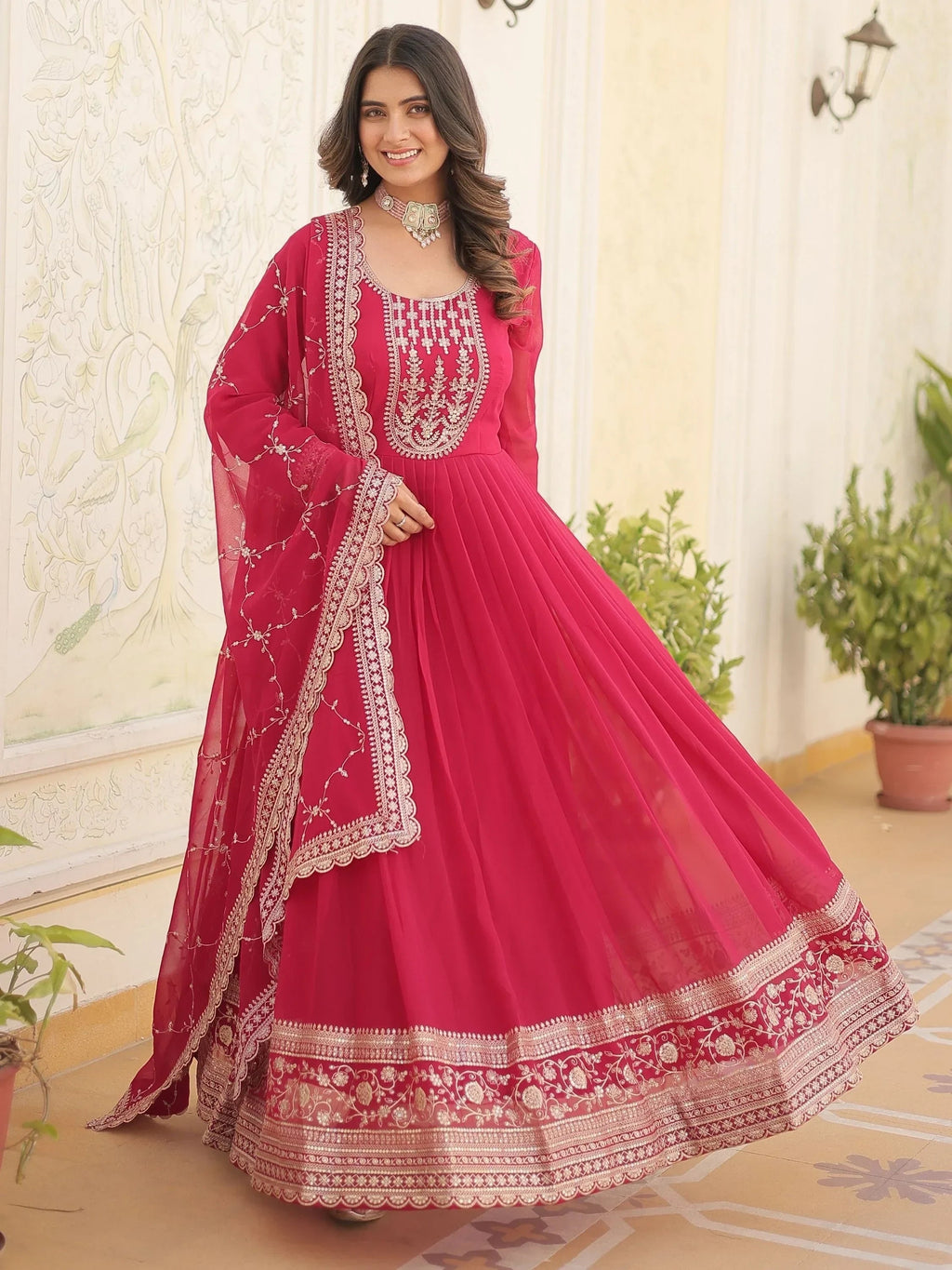 Pink Glamorous Sequins Georgette Wedding Wear Gown With Dupatta