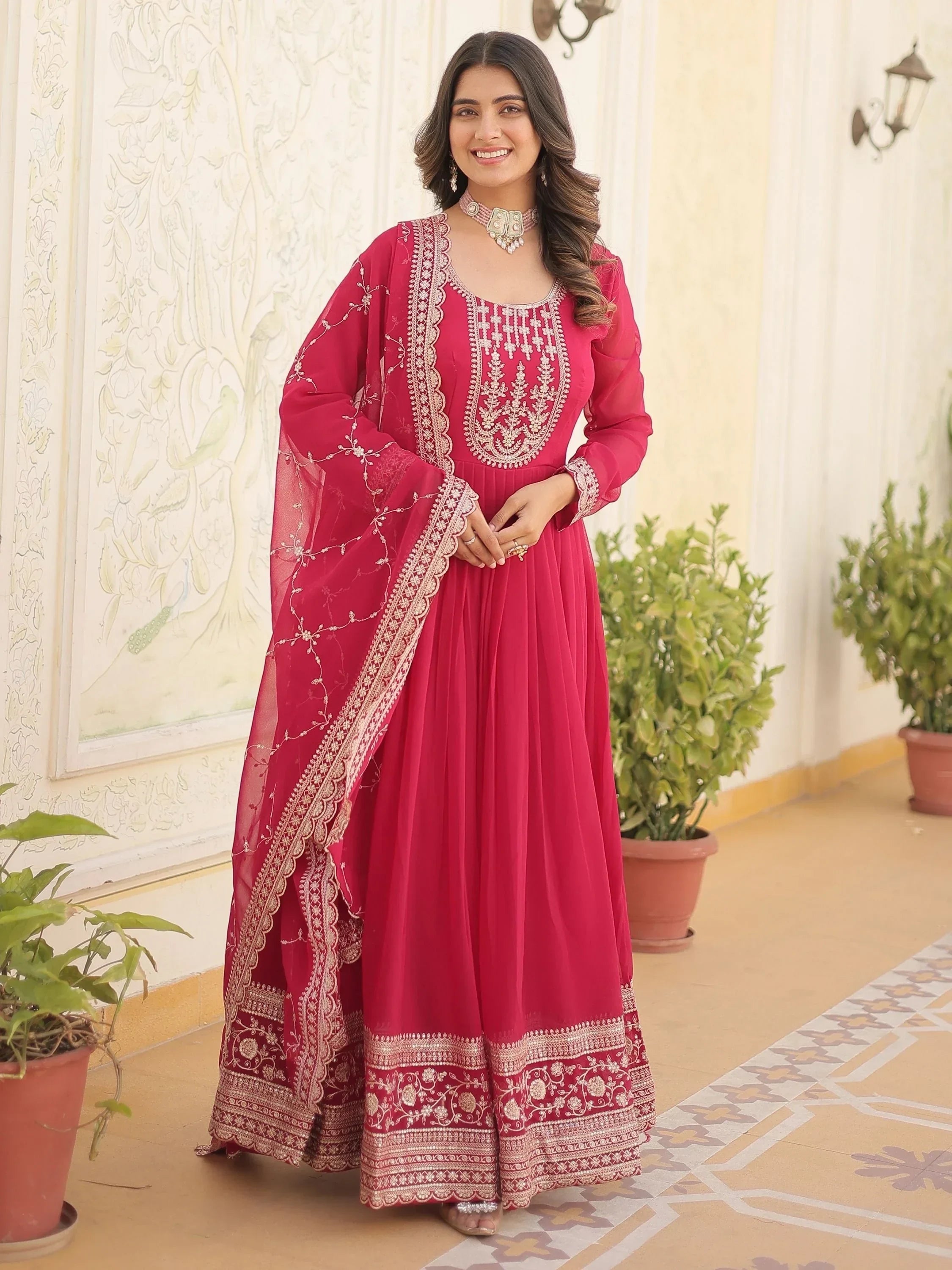 Pink Glamorous Sequins Georgette Wedding Wear Gown With Dupatta