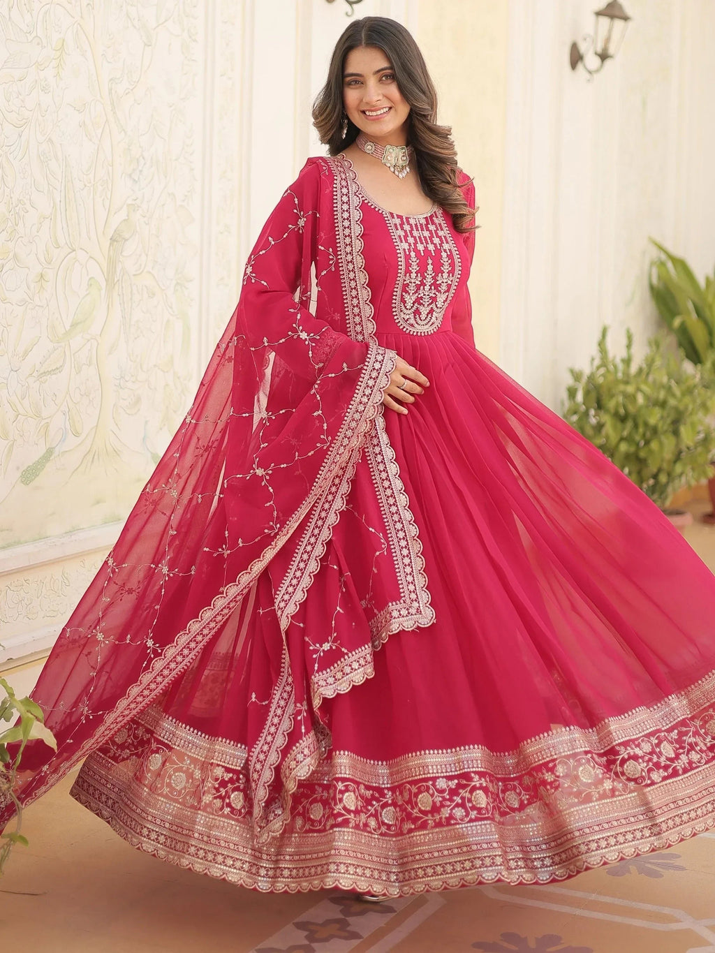 Pink Glamorous Sequins Georgette Wedding Wear Gown With Dupatta