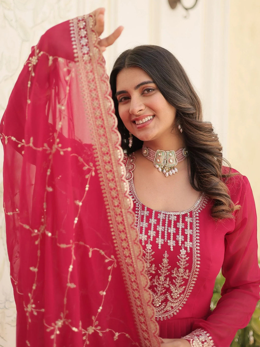 Pink Glamorous Sequins Georgette Wedding Wear Gown With Dupatta