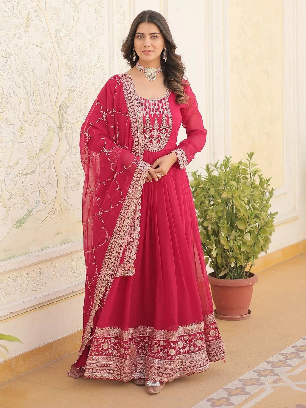 Pink Glamorous Sequins Georgette Wedding Wear Gown With Dupatta