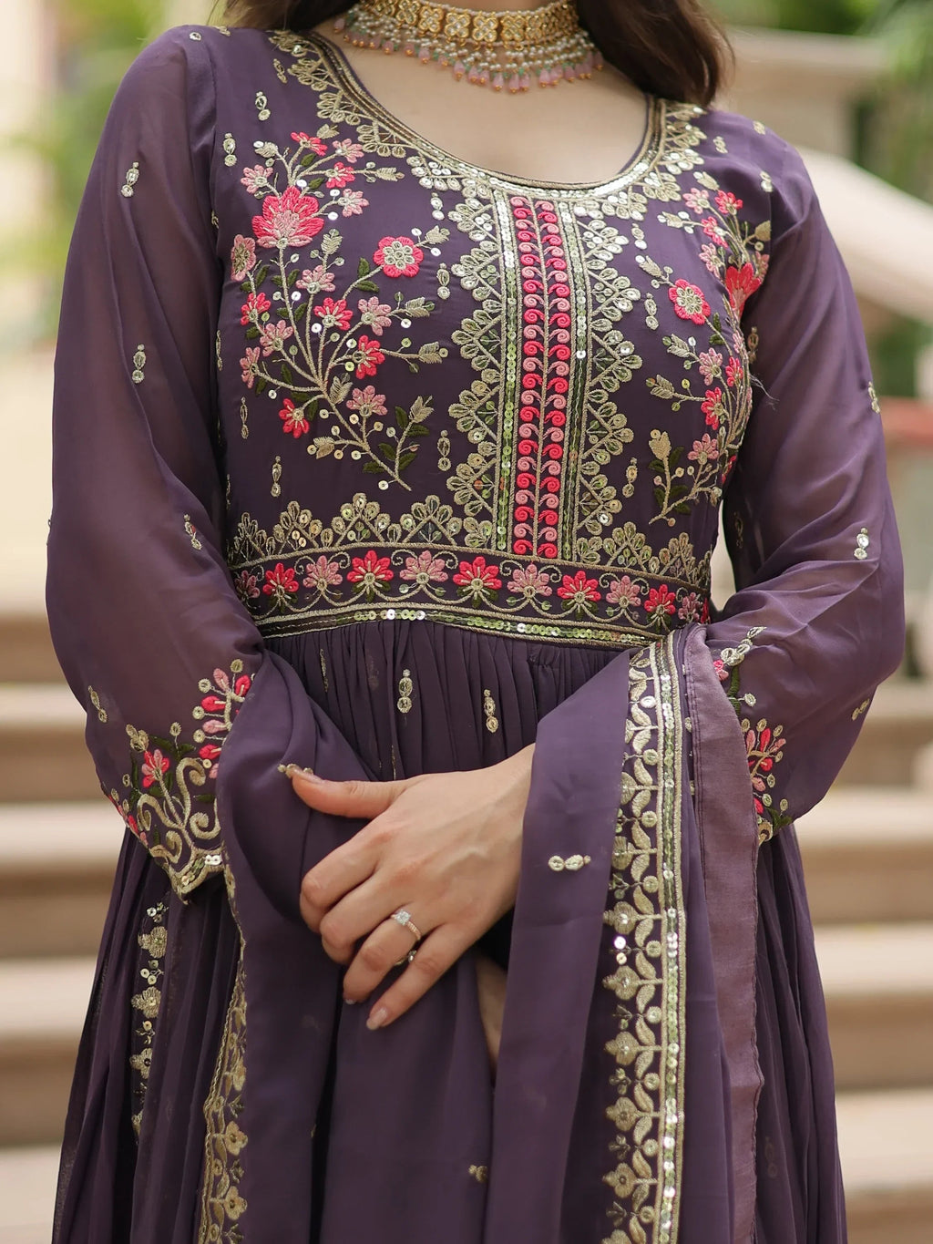 Purple Adorable Embroidered Georgette Anarkali Suit With Sharara