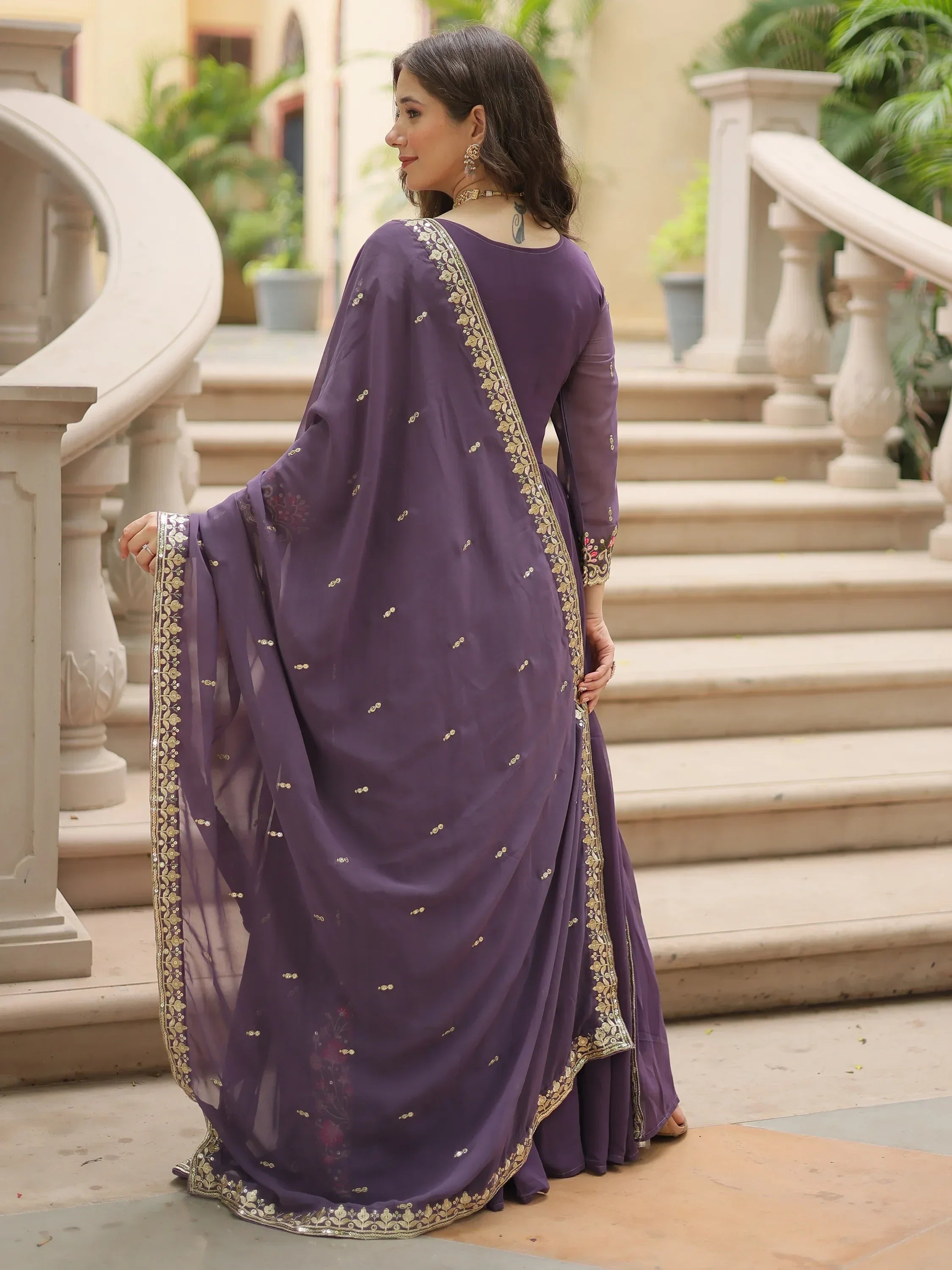 Purple Adorable Embroidered Georgette Anarkali Suit With Sharara