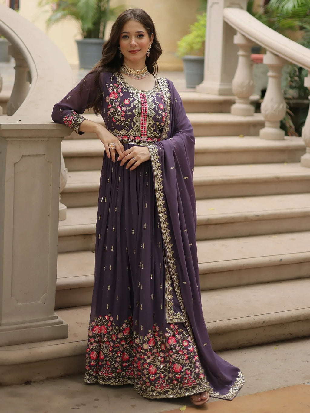 Purple Adorable Embroidered Georgette Anarkali Suit With Sharara