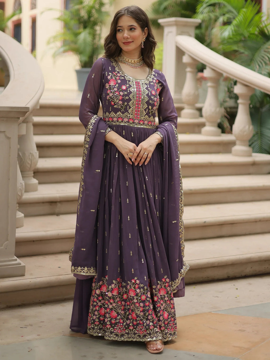 Purple Adorable Embroidered Georgette Anarkali Suit With Sharara