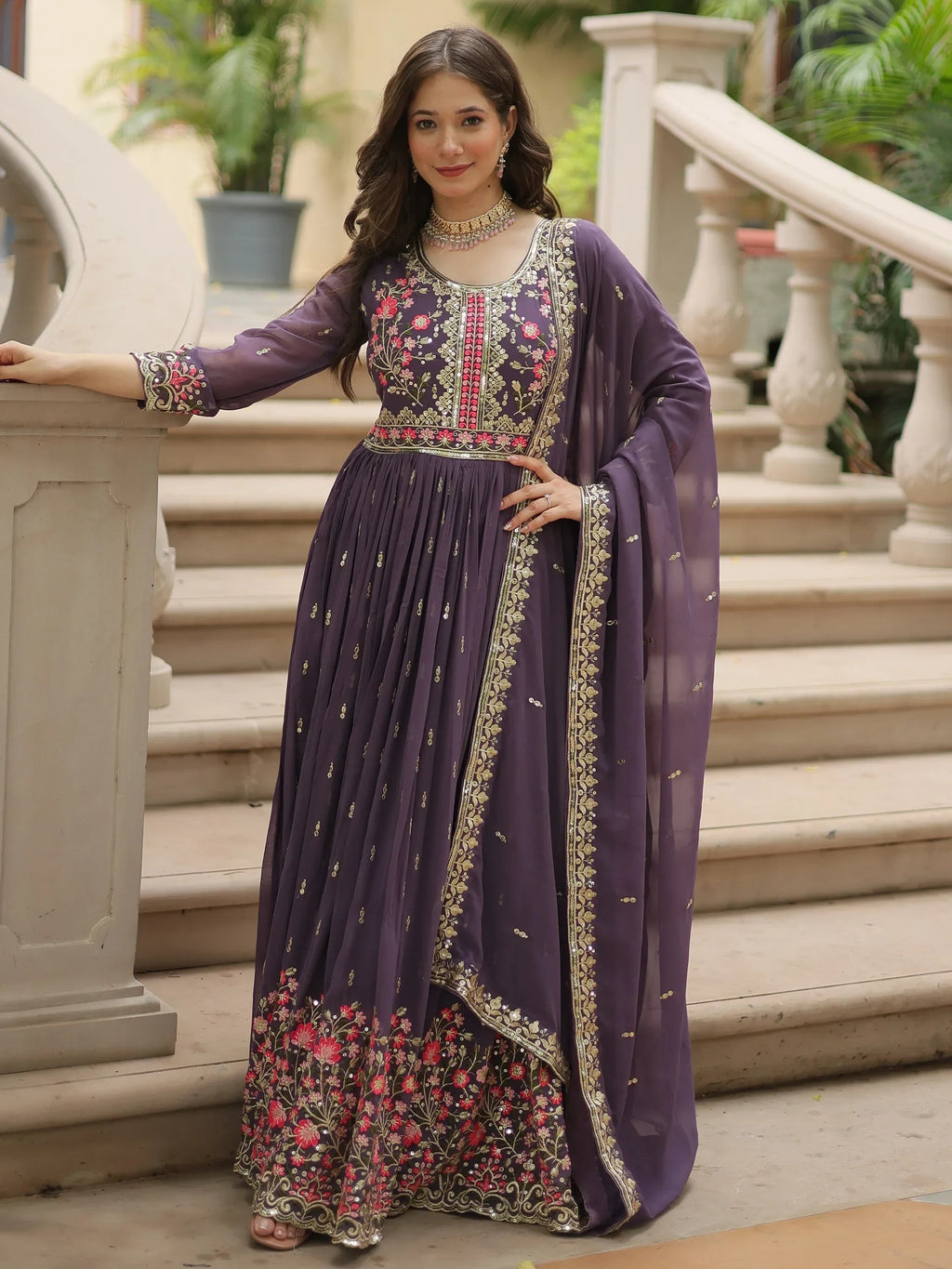 Purple Adorable Embroidered Georgette Anarkali Suit With Sharara