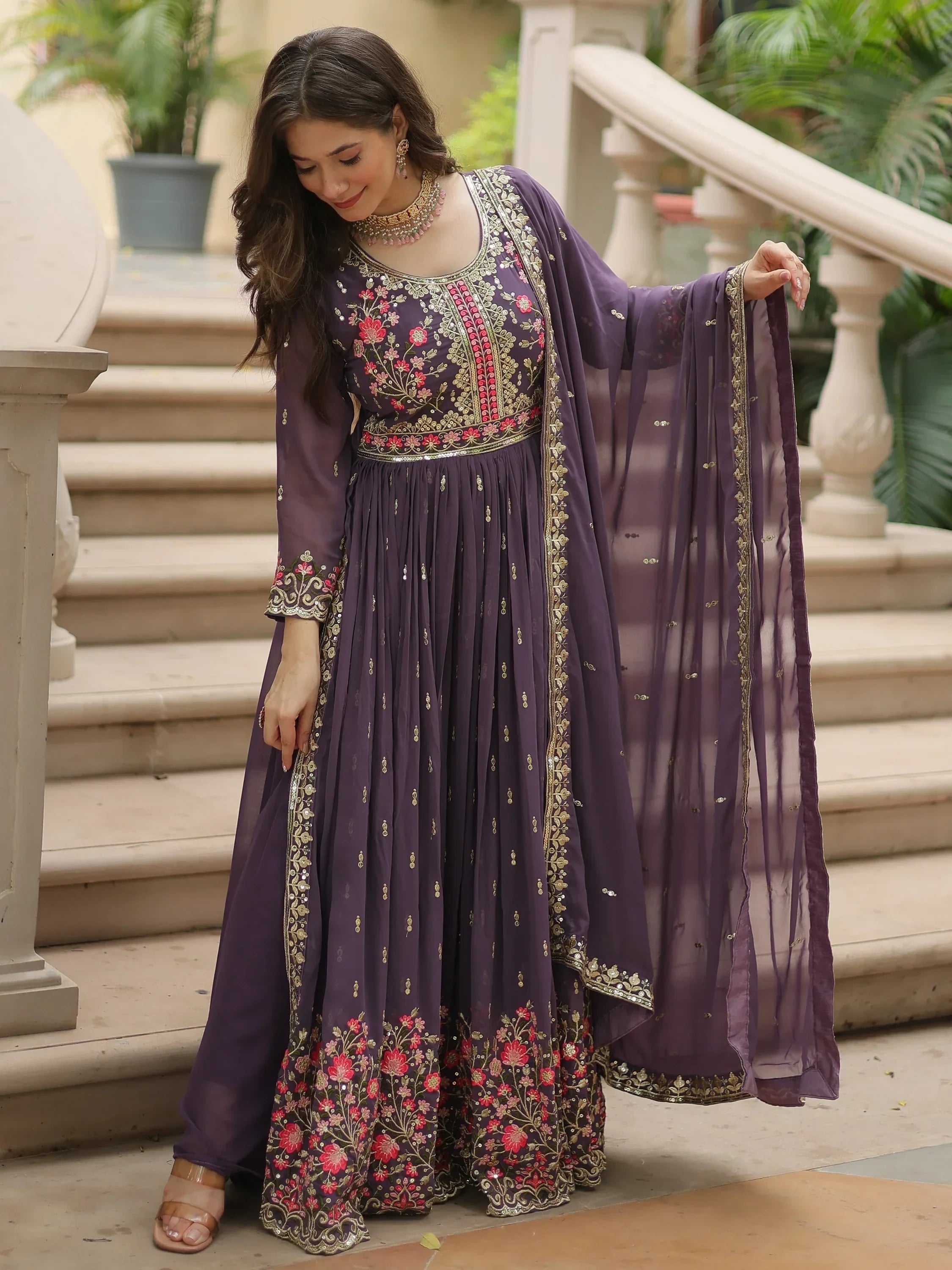 Purple Adorable Embroidered Georgette Anarkali Suit With Sharara