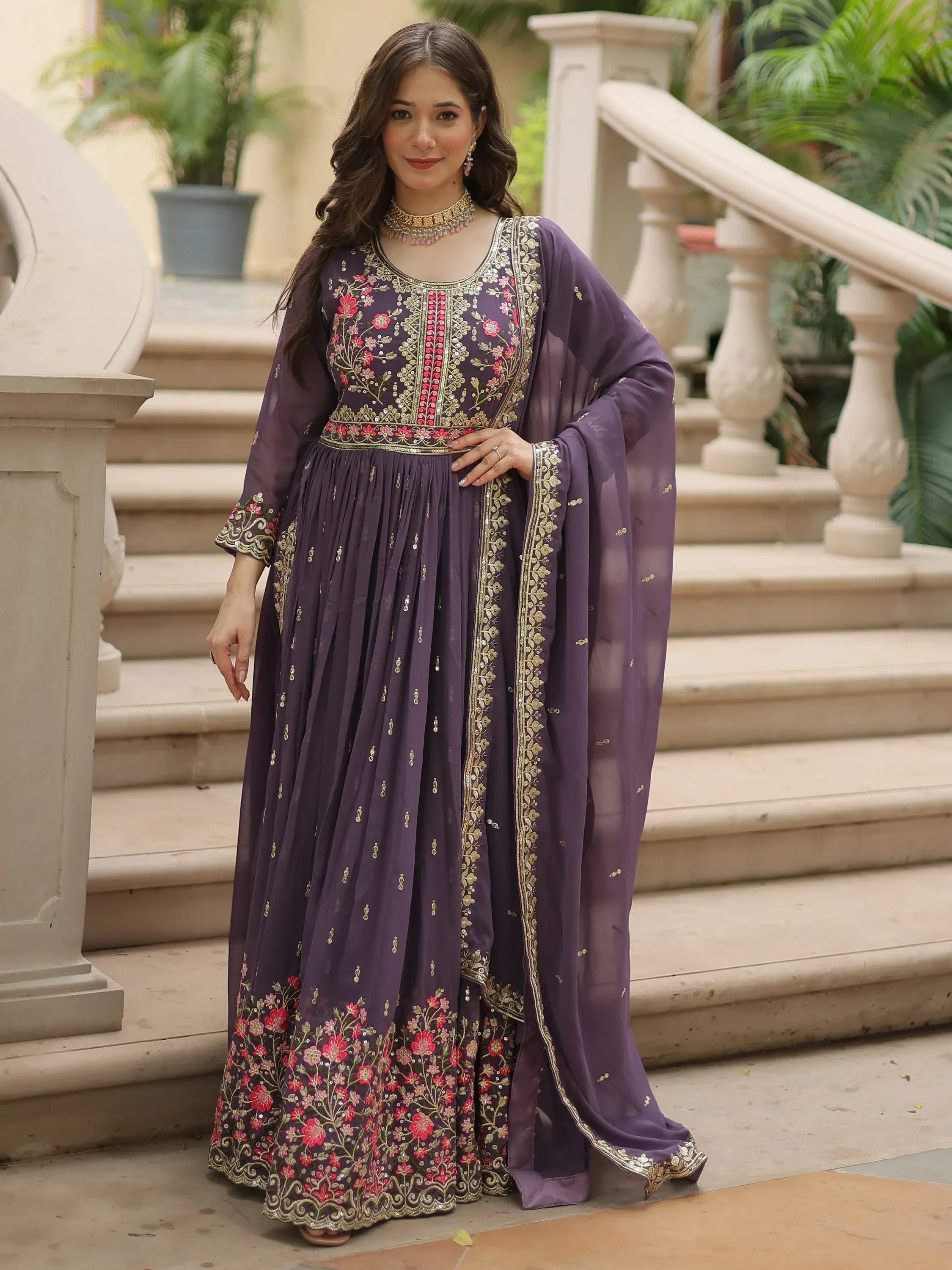 Purple Adorable Embroidered Georgette Anarkali Suit With Sharara
