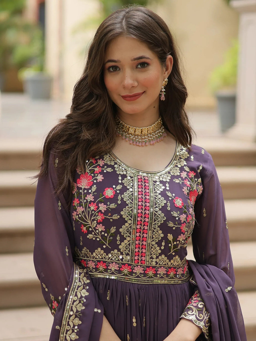 Purple Adorable Embroidered Georgette Anarkali Suit With Sharara