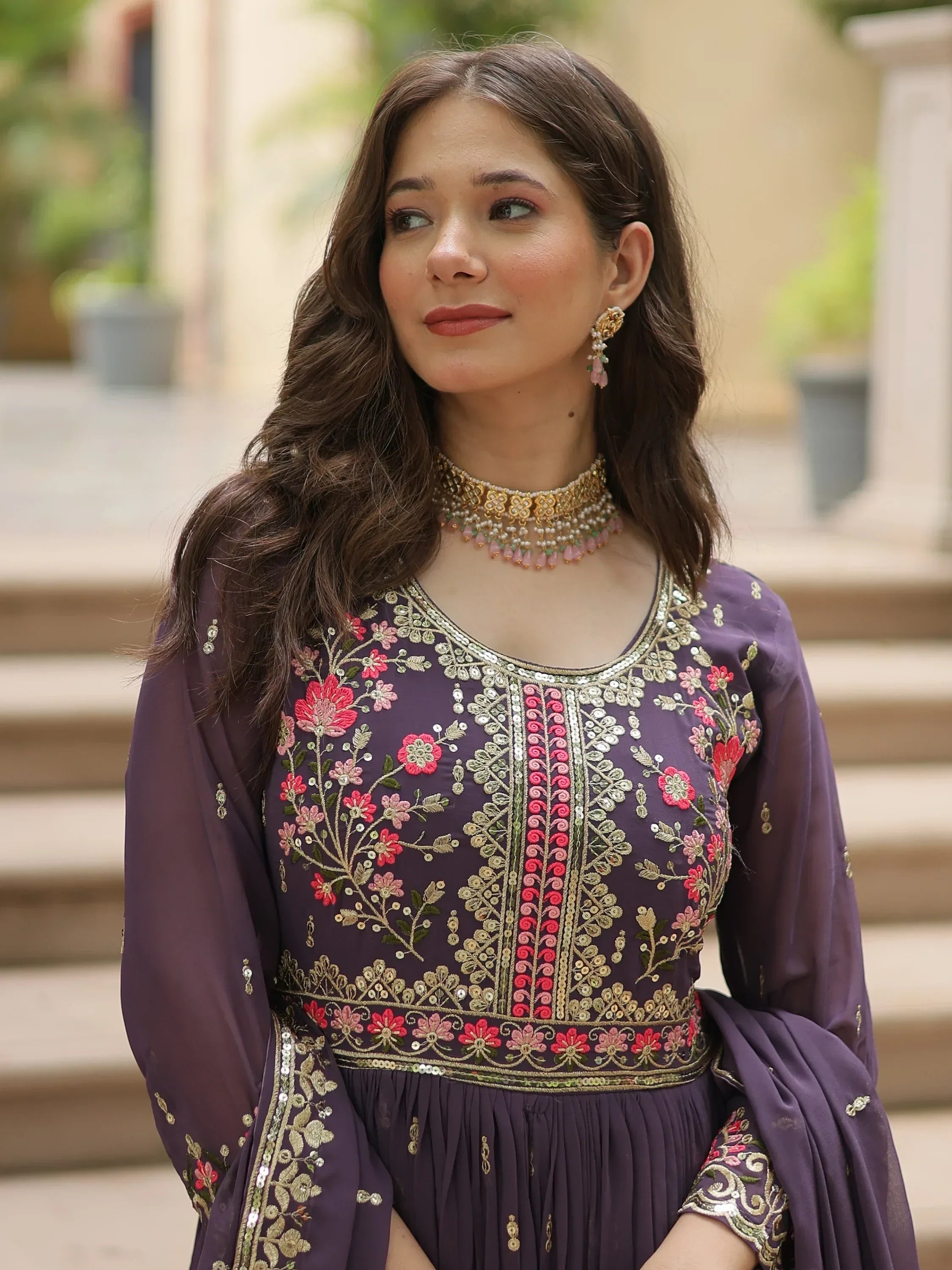 Purple Adorable Embroidered Georgette Anarkali Suit With Sharara