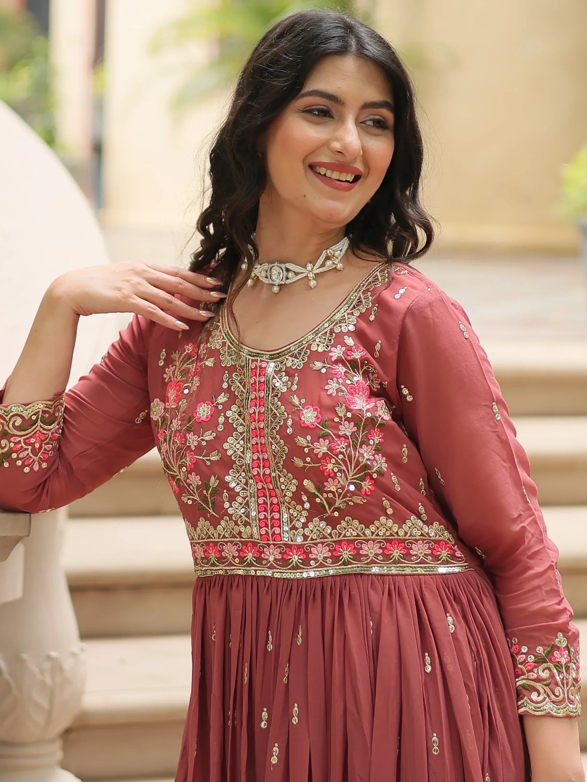 Brown Adorable Embroidered Georgette Anarkali Suit With Sharara