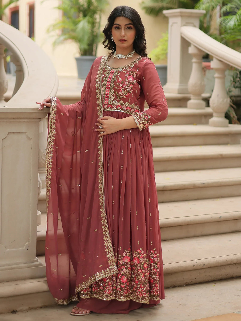 Brown Adorable Embroidered Georgette Anarkali Suit With Sharara