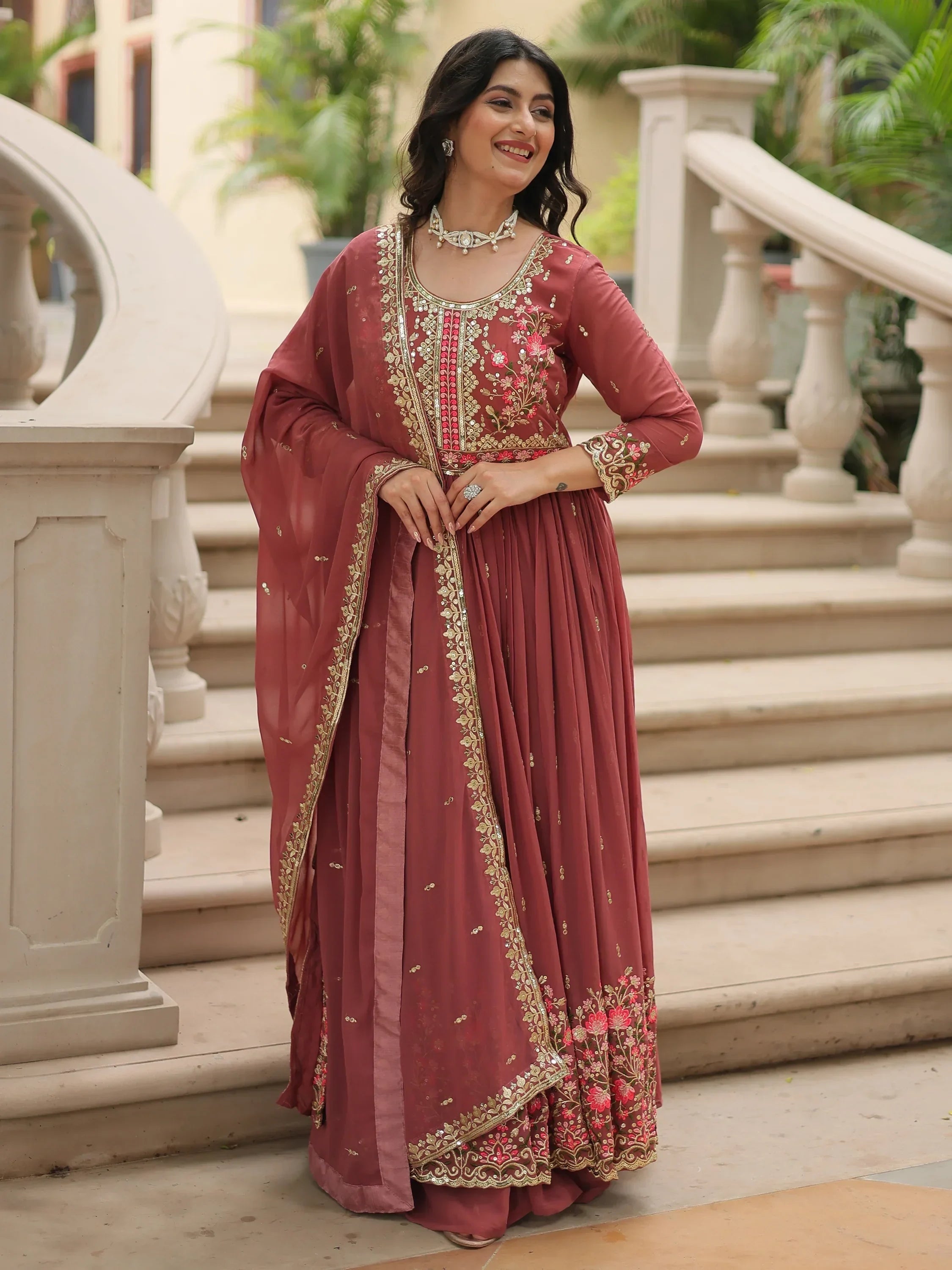 Brown Adorable Embroidered Georgette Anarkali Suit With Sharara