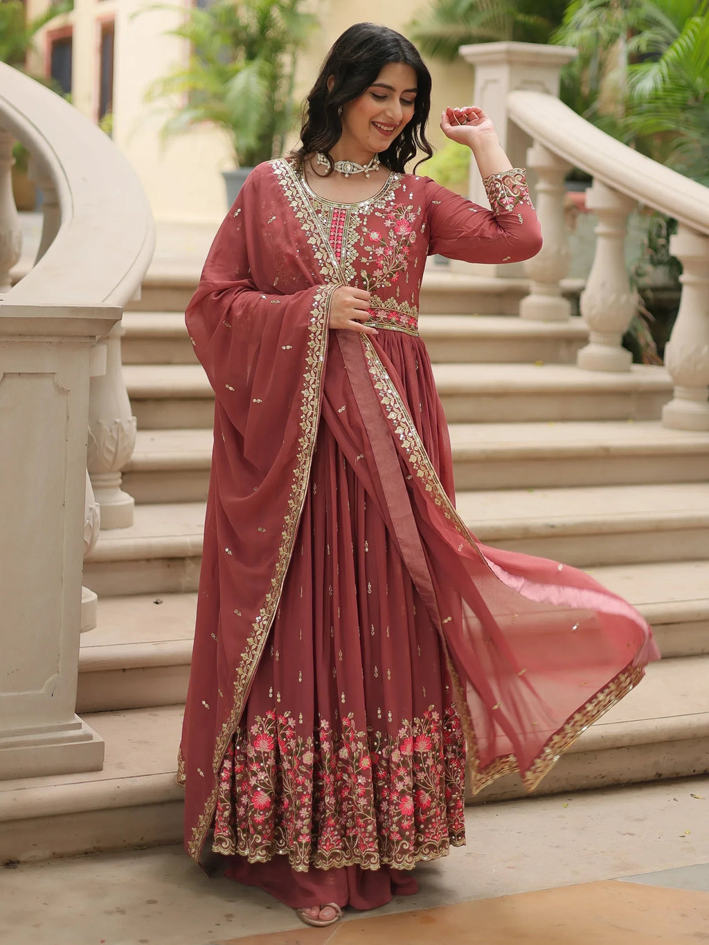 Brown Adorable Embroidered Georgette Anarkali Suit With Sharara