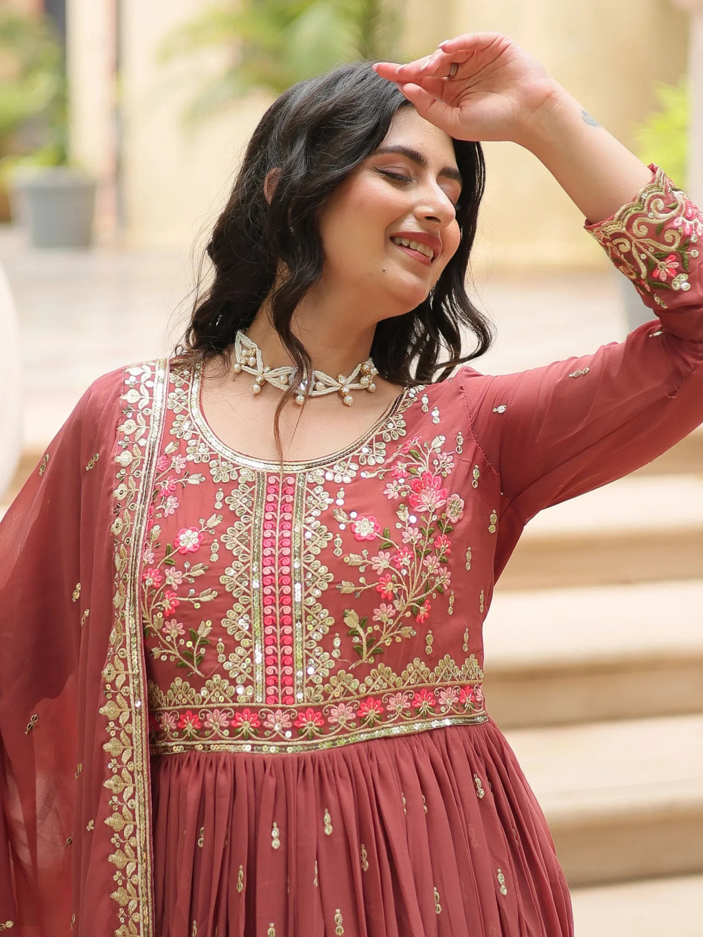 Brown Adorable Embroidered Georgette Anarkali Suit With Sharara