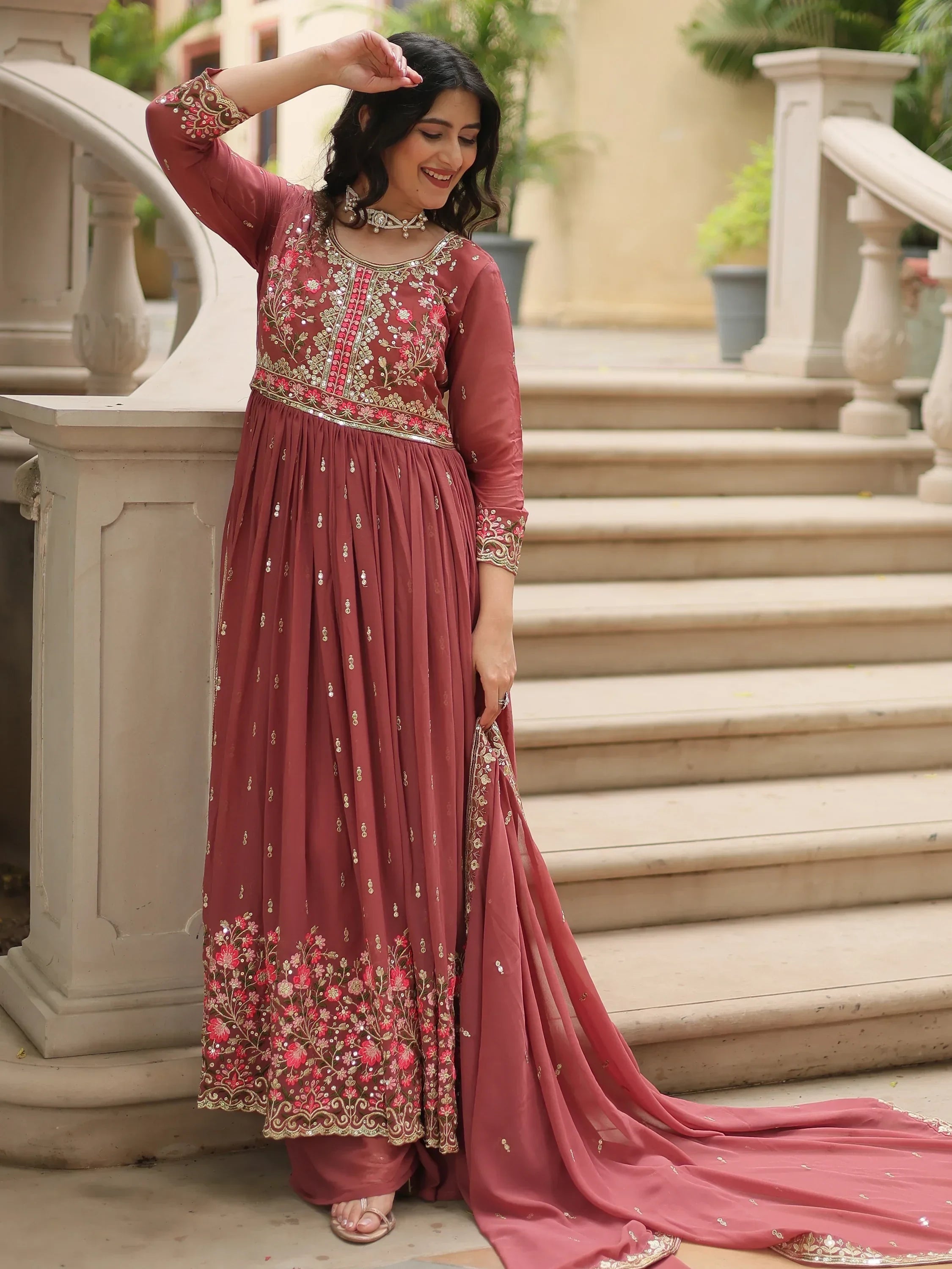 Brown Adorable Embroidered Georgette Anarkali Suit With Sharara
