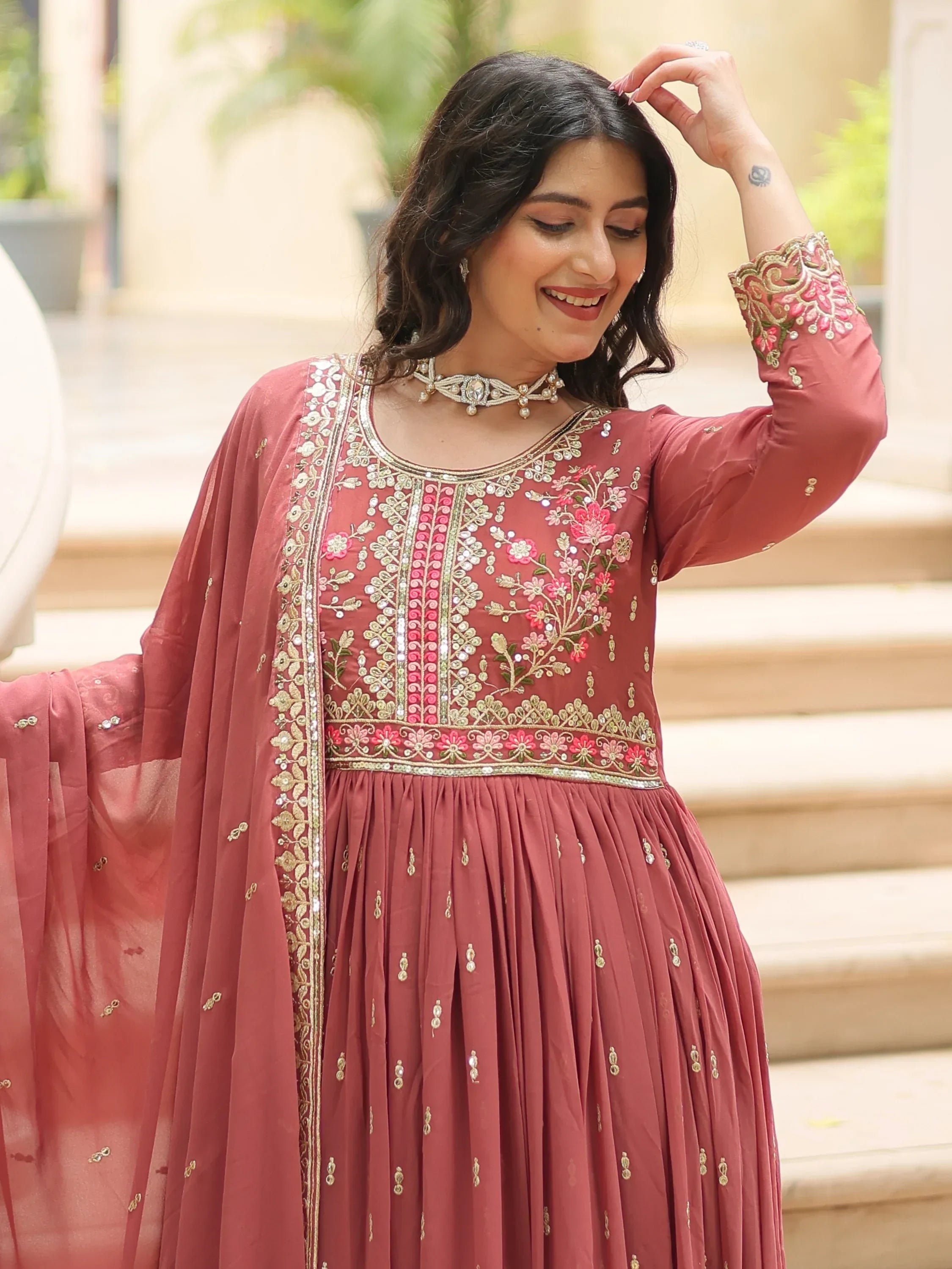Brown Adorable Embroidered Georgette Anarkali Suit With Sharara