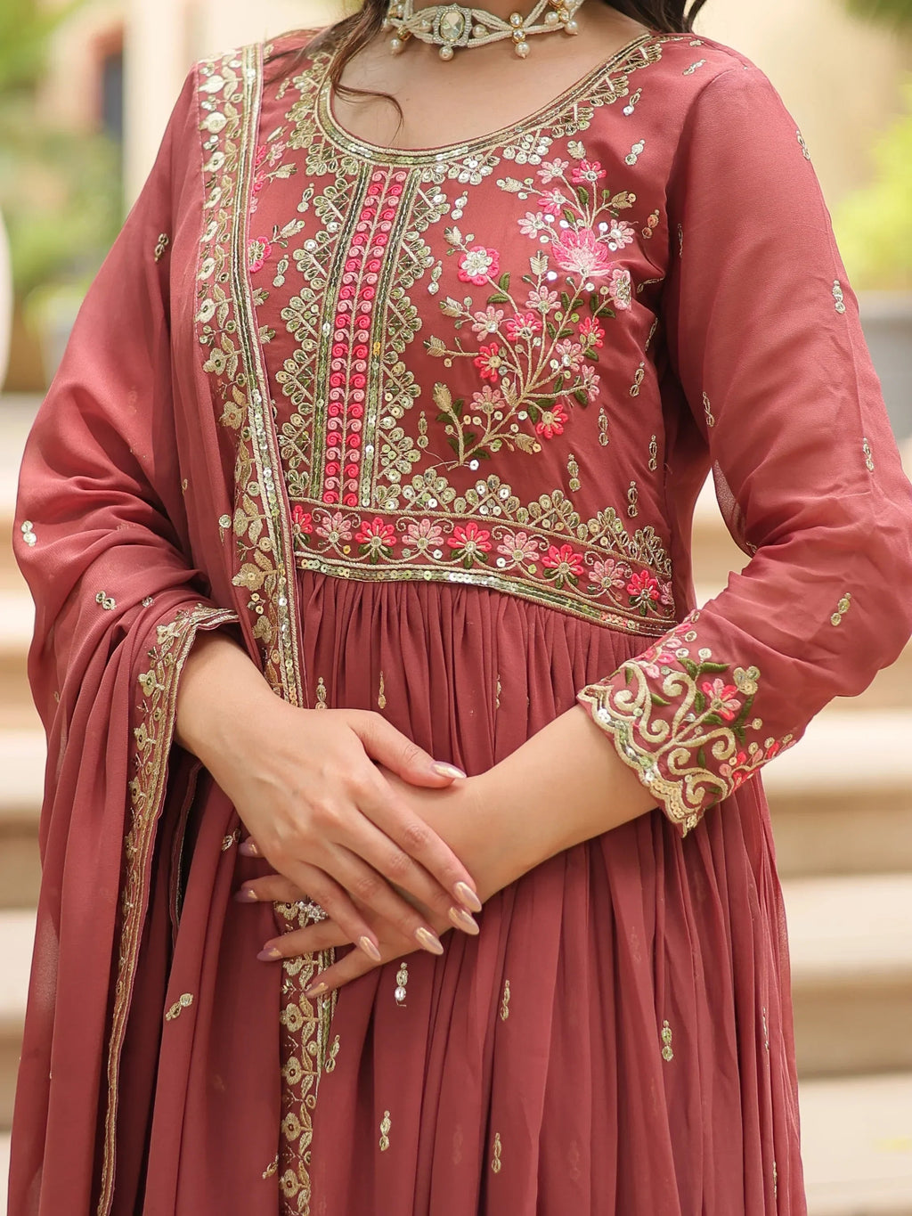 Brown Adorable Embroidered Georgette Anarkali Suit With Sharara